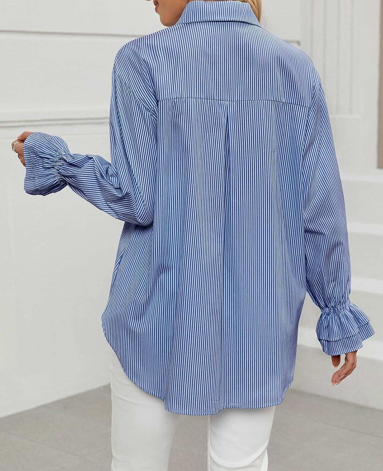 Women's Striped Button Down Shirts Smocked Cuffed Boyfriend Shirt Long Sleeve Blouse Top with 3 Pockets