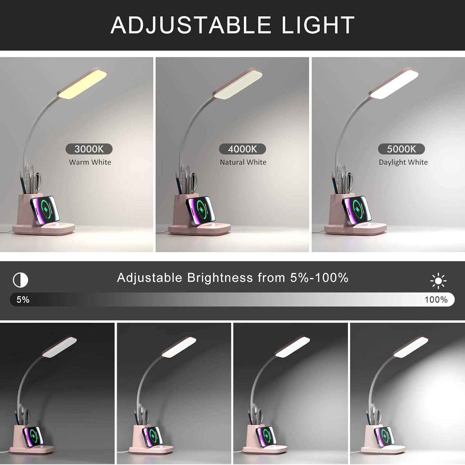 Desk Lamp with Wireless Charger, LED Desk Lamps for Home Office, 800 Lumens, Small Desk Lamp with Pen Holder, Flexible Arm, 3 Modes, Dimming, Touch Lamp for College Dorm Room