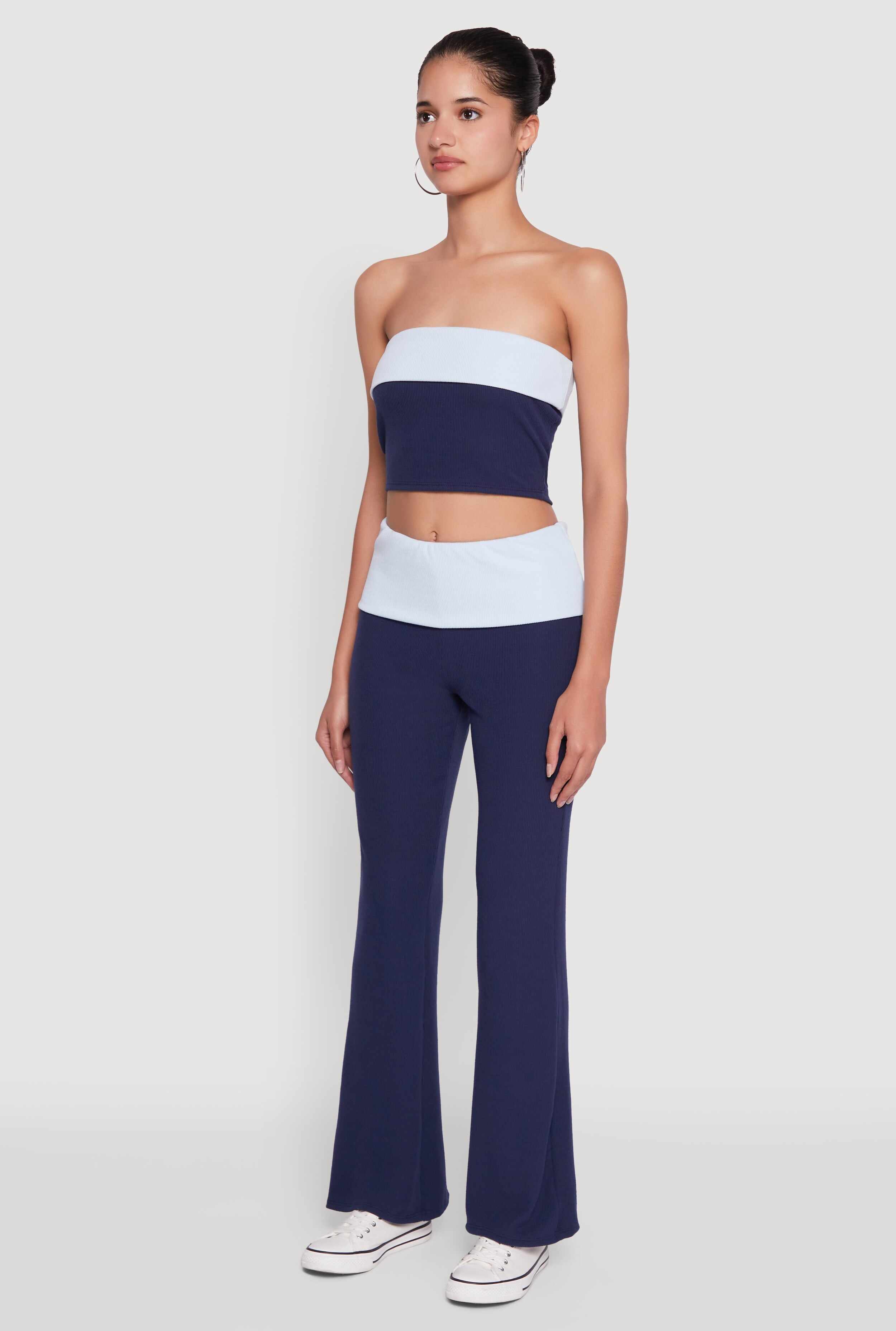 Stylish Rib Knit Contrast Fold Over Cropped Tube Top