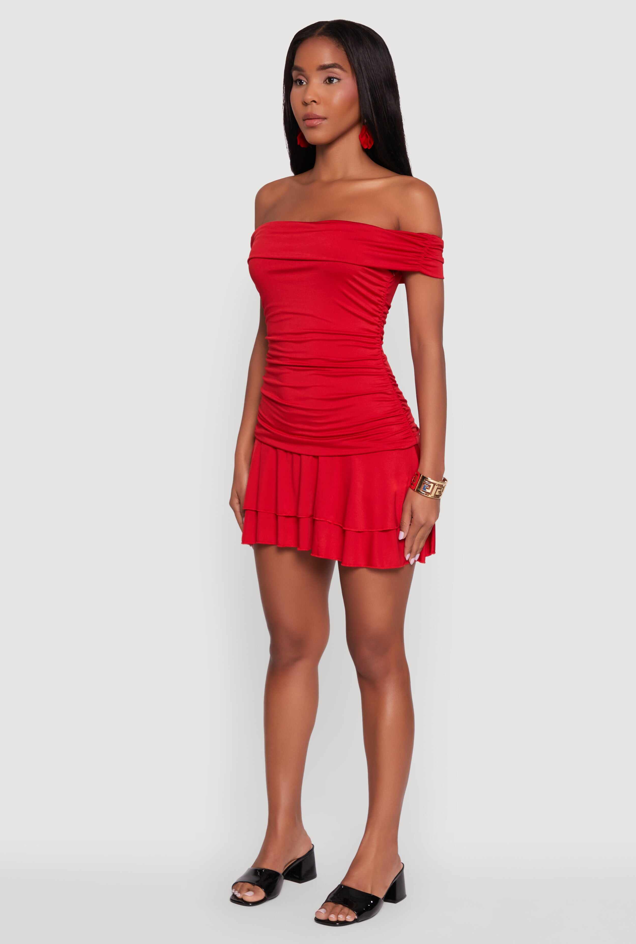 Off the Shoulder Ruched Tiered Bodycon Dress