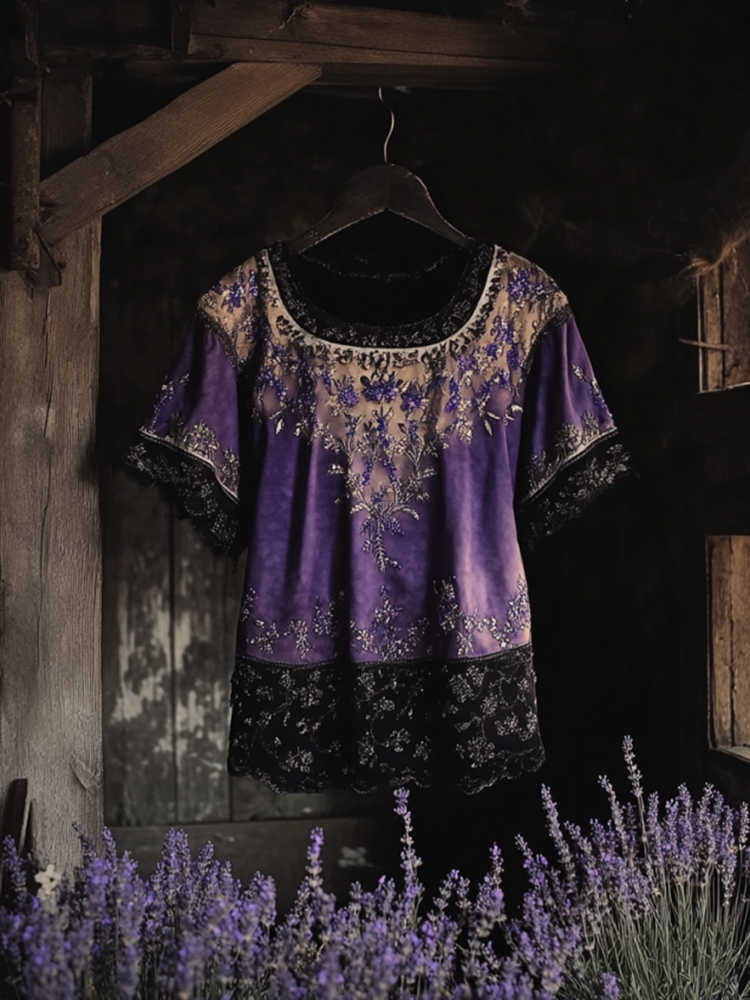 Bohemian Lavender Embroidery Gradient Patchwork Art Linen Short Sleeve T-shirt