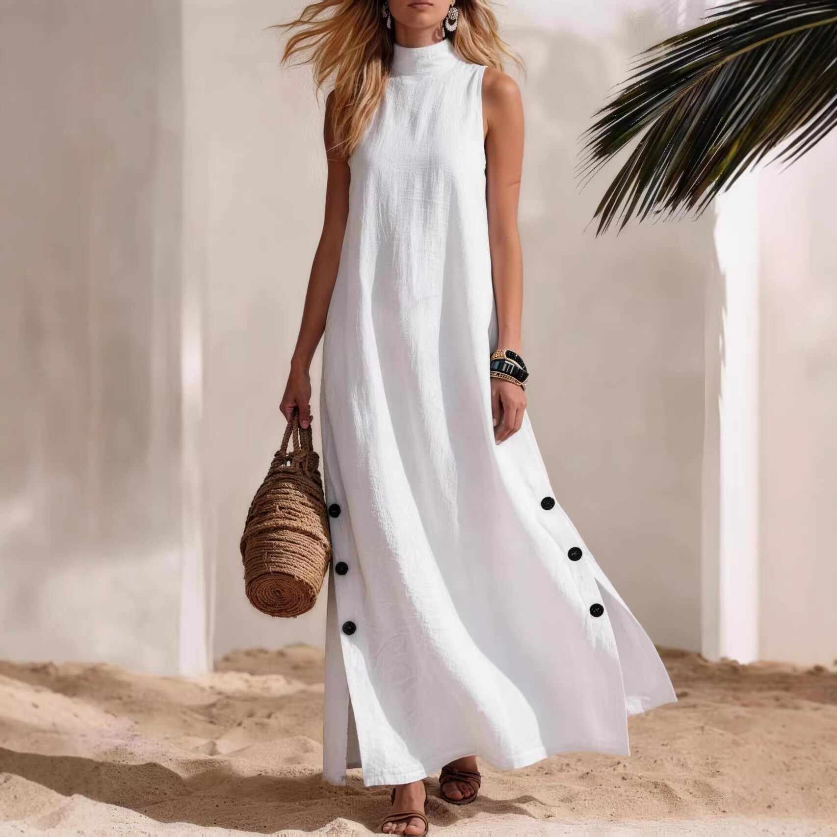 Casual Solid Color Cotton And Linen Sleeveless Side Slit Maxi Dress