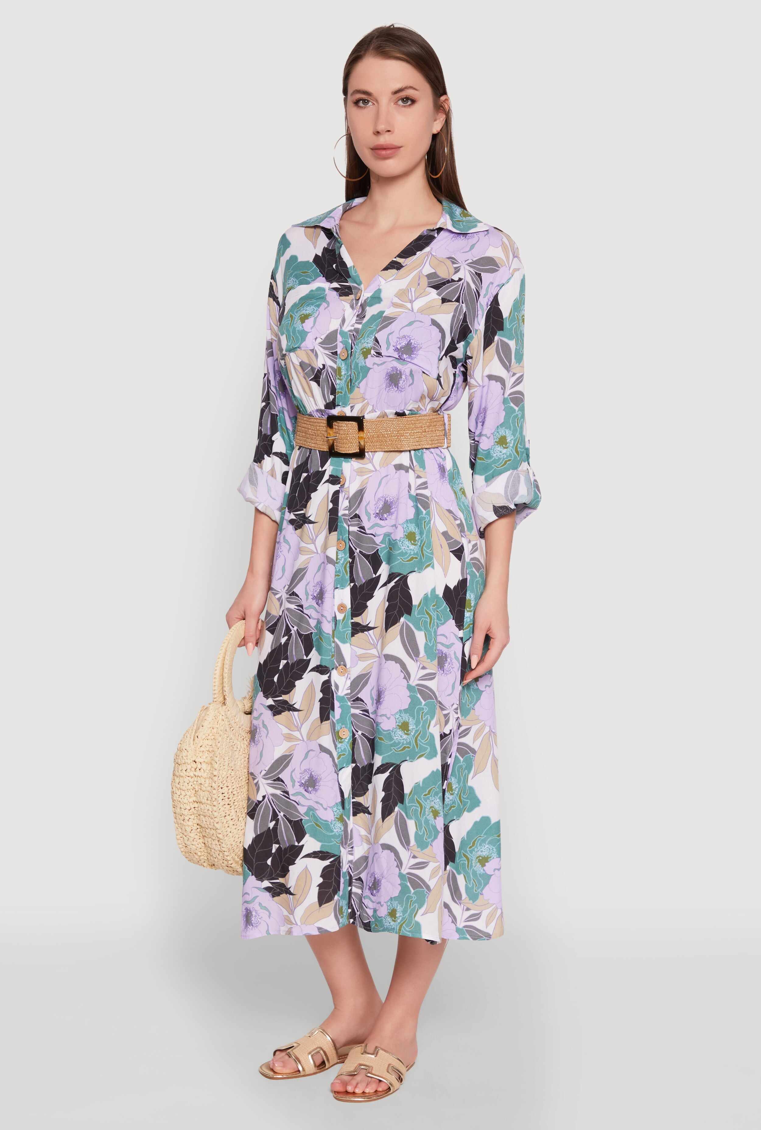 Floral Button Front Belted Shirt Dress