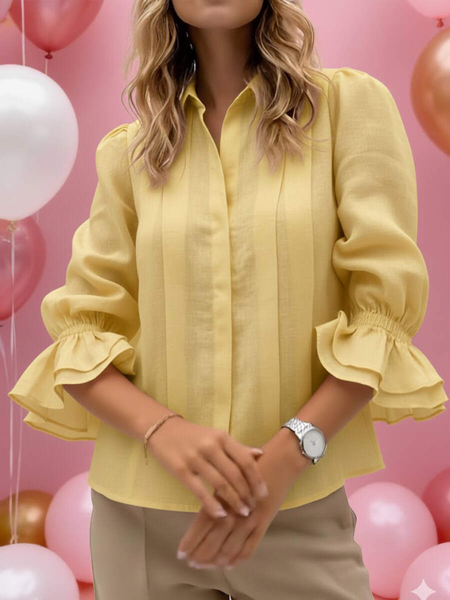🔥Summer Arrivals🌟Women's Solid Color Shirt Collar Long-sleeved Casual Loose Pleated Cotton And Linen Top