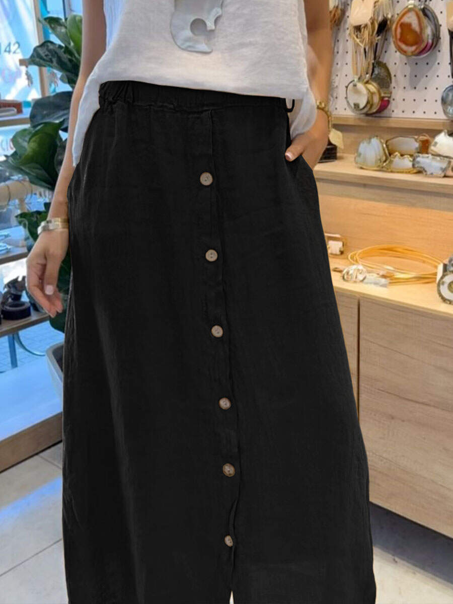 🔥Summer Arrivals🌟Women's Solid Color Elastic Waist Buttons Casual Pockets Linen Skirt