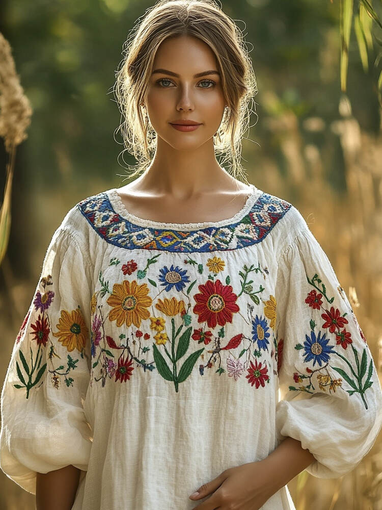 Bohemian Floral Embroidered Folk Women's Linen Shirt
