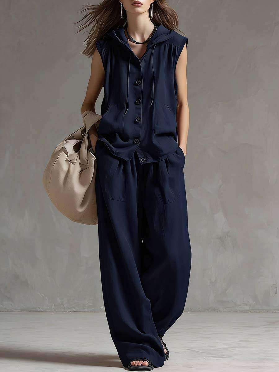 🔥Summer Arrivals🌟Women's Solid Color Sleeveless Casual Loose Hooded Top and High-Waisted Wide-Leg Cotton Set