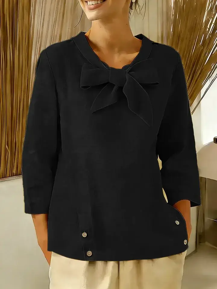 🔥Summer Arrivals🌟Women's Solid Color V-neck Bow Tie Three-quarter Sleeve Casual Loose Cotton Linen Top