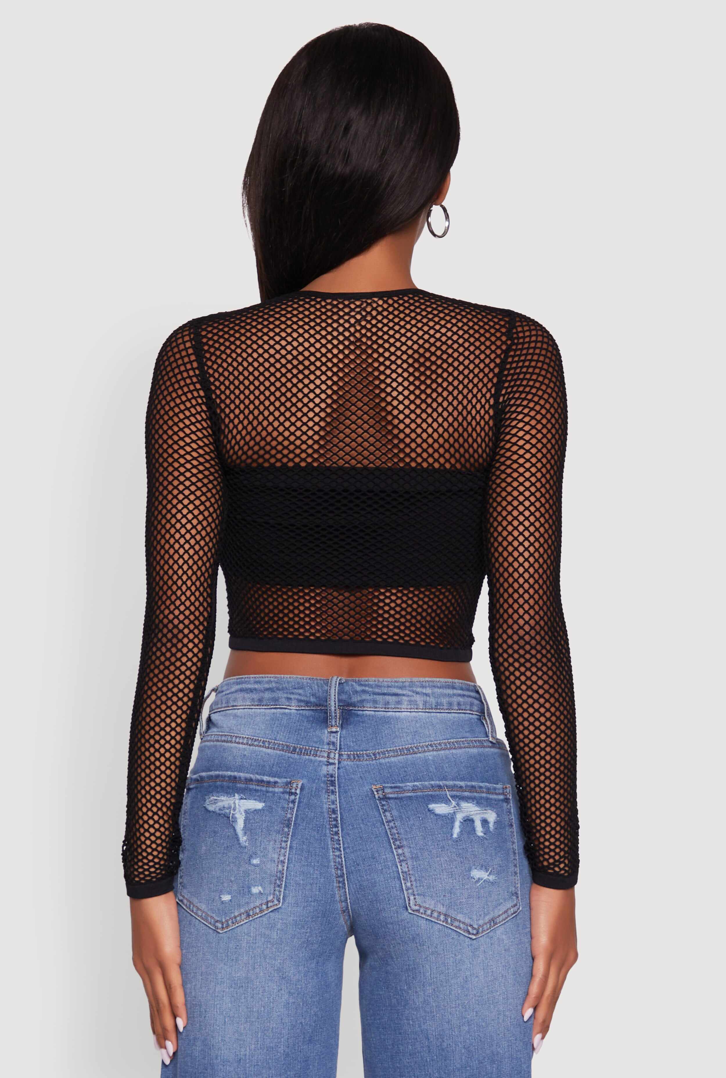 Fishnet Long Sleeve Solid Crop Top