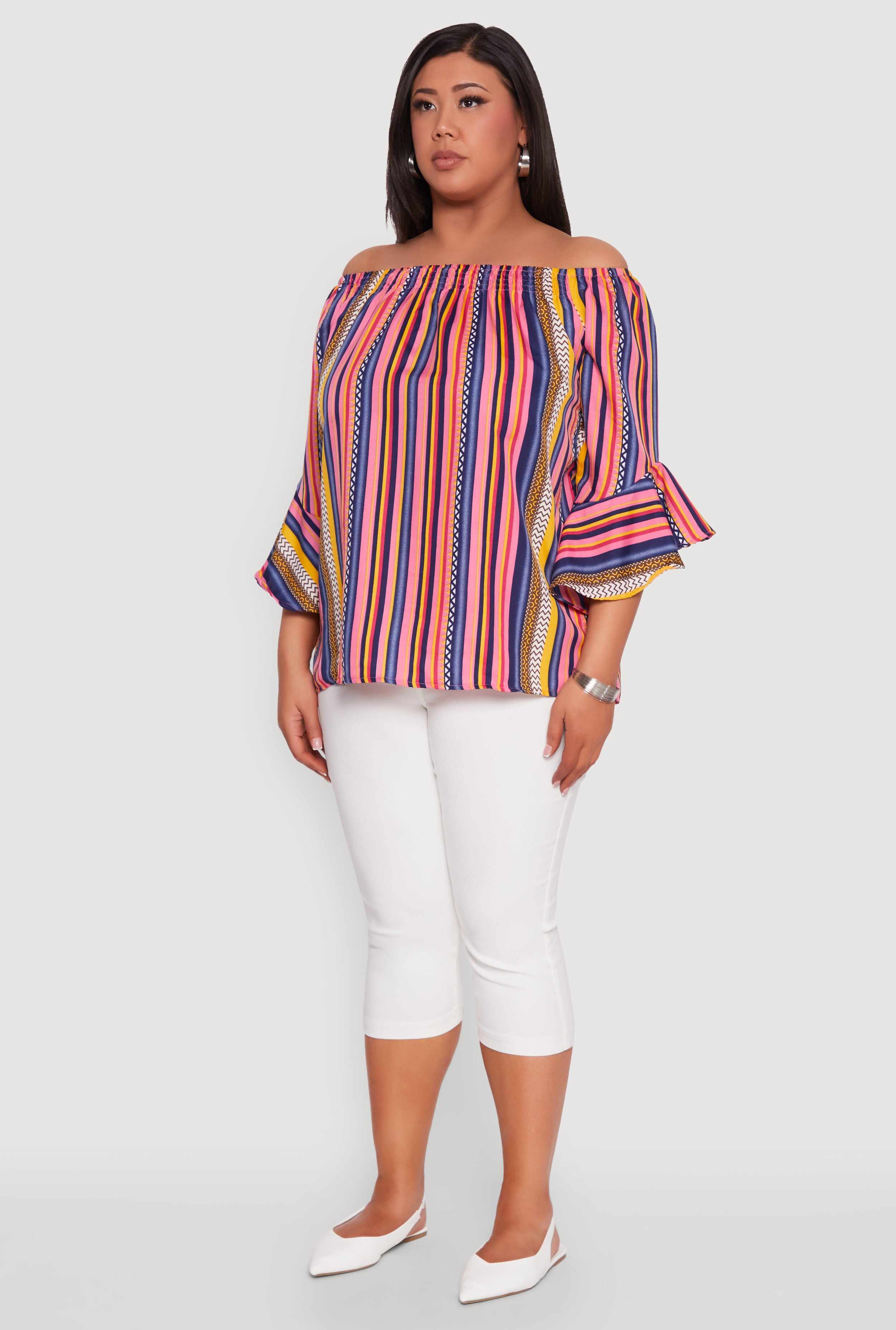 Plus Size Striped Off The Shoulder Blouse