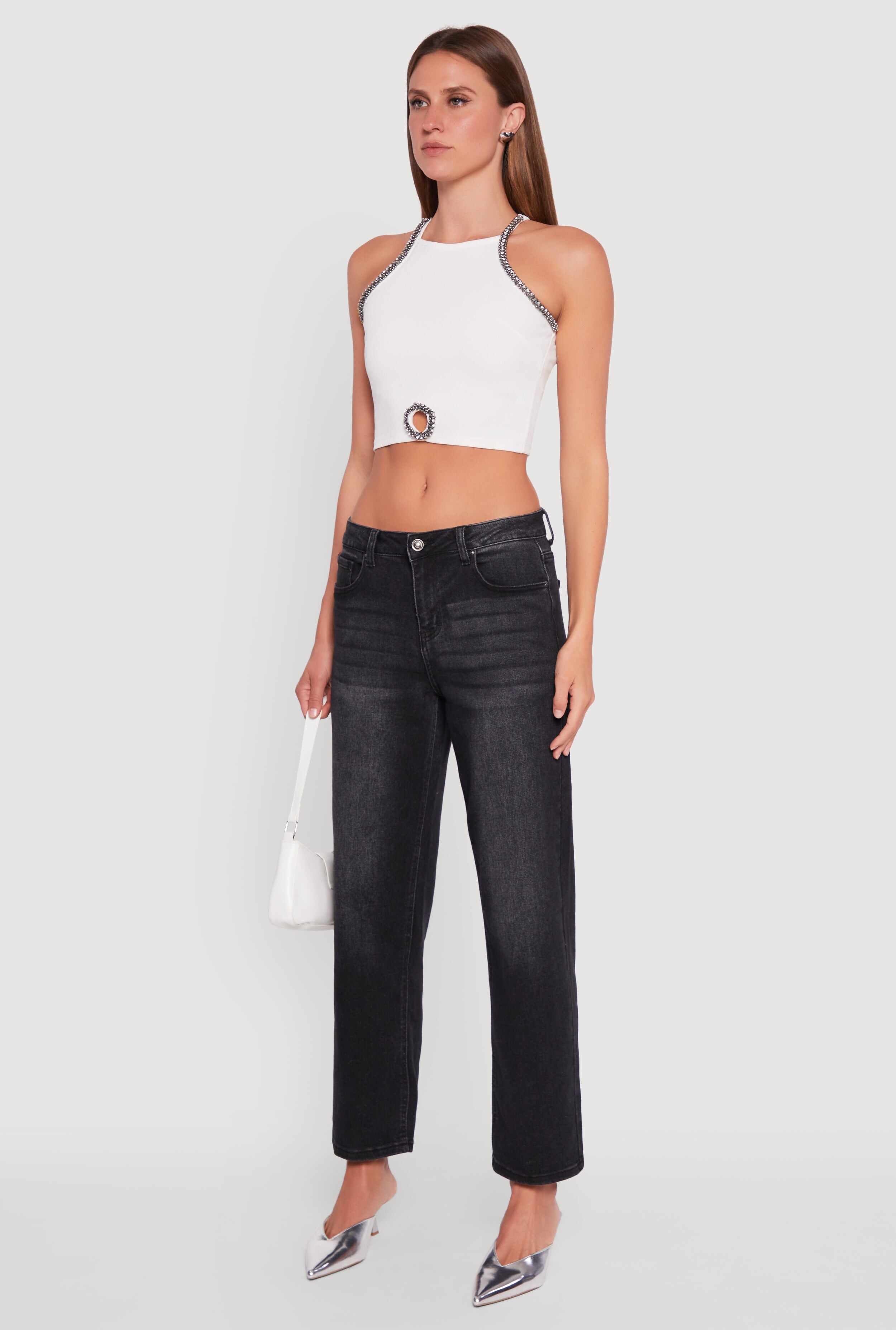 Rhinestone Studded Trim Detail Halter Crop Top