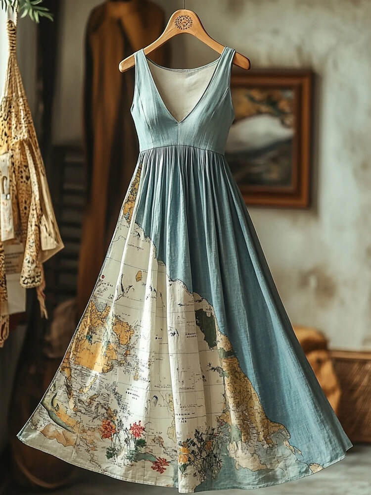 Vintage Old Map Inspired Linen Maxi Dress