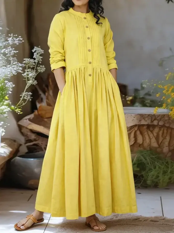 🔥Summer Arrivals🌟Women's Solid Color Stand-collar Long-sleeved Loose-fitting A-line Cotton Dress
