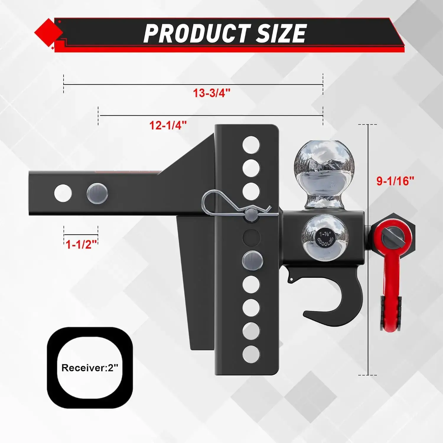 Adjustable Heavy-Duty Tri-Ball Trailer Hitch Mount with Anti-Theft Lock Pins & Rotatable Tow Shackle, No-Rattle Towing for 2