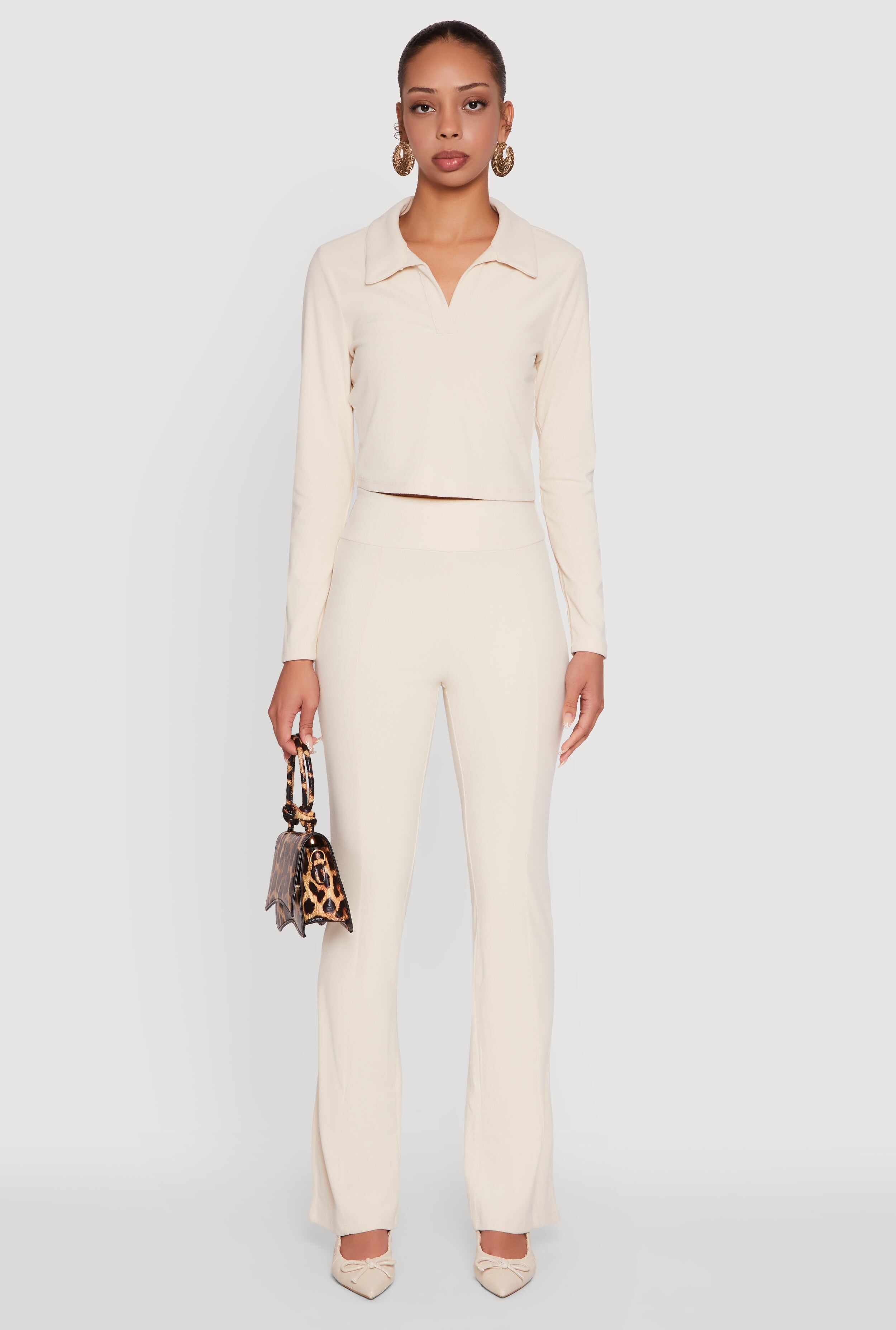 Brushed Knit Cropped Johnny Collar Polo Shirt