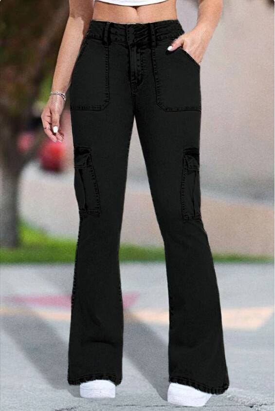 Multi Pocket Double Button Mid Rise Flare Cargo Jeans