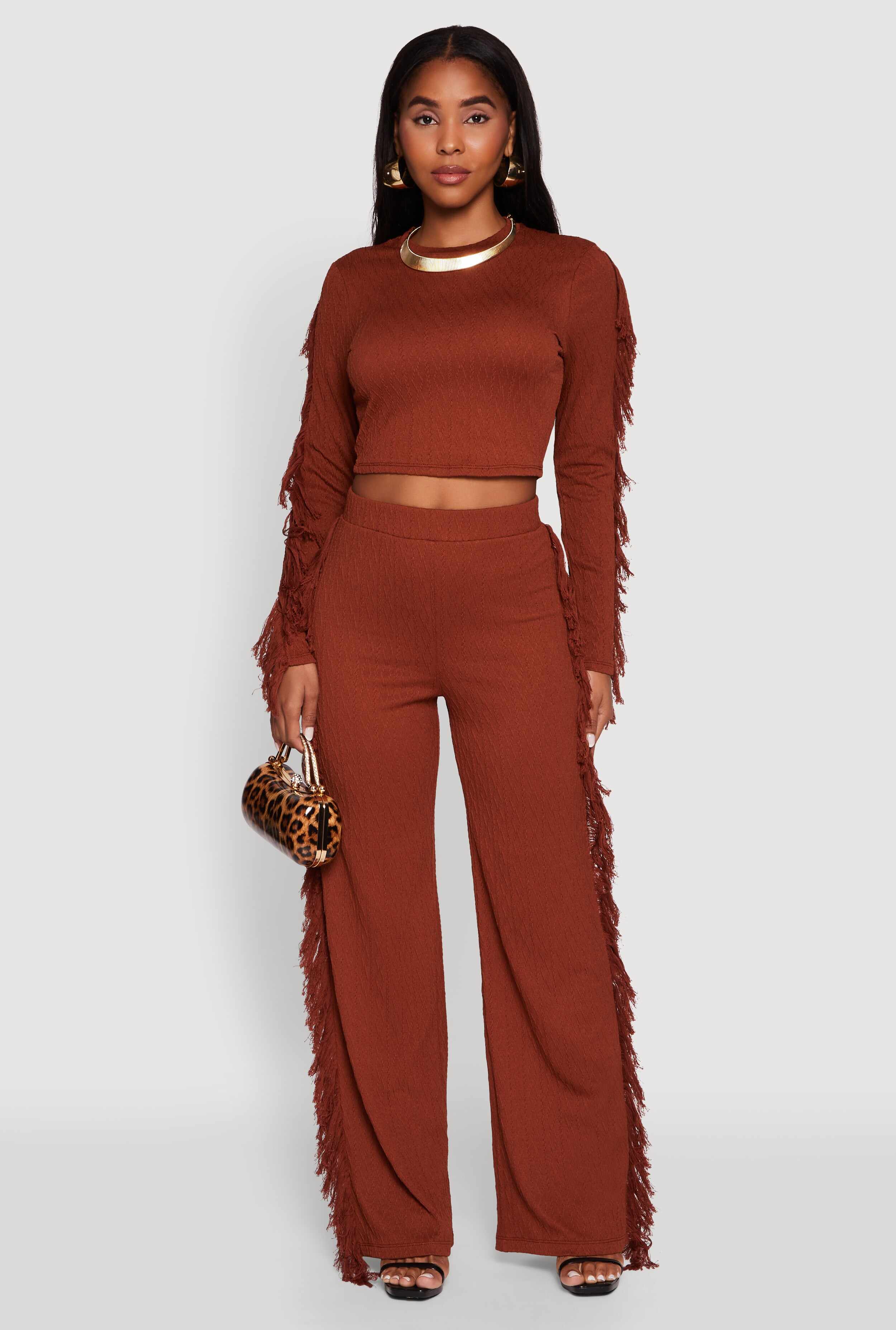Textured Knit Long Sleeve Fringe Crop Top