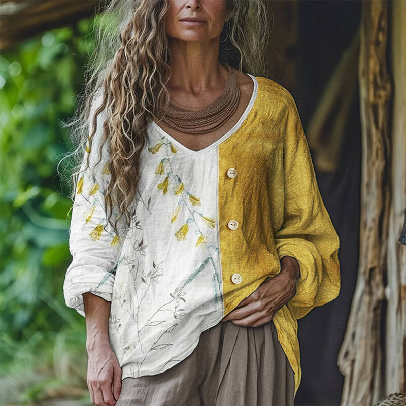 Cottage Floral Contrast Color Patchwork Linen Tunic