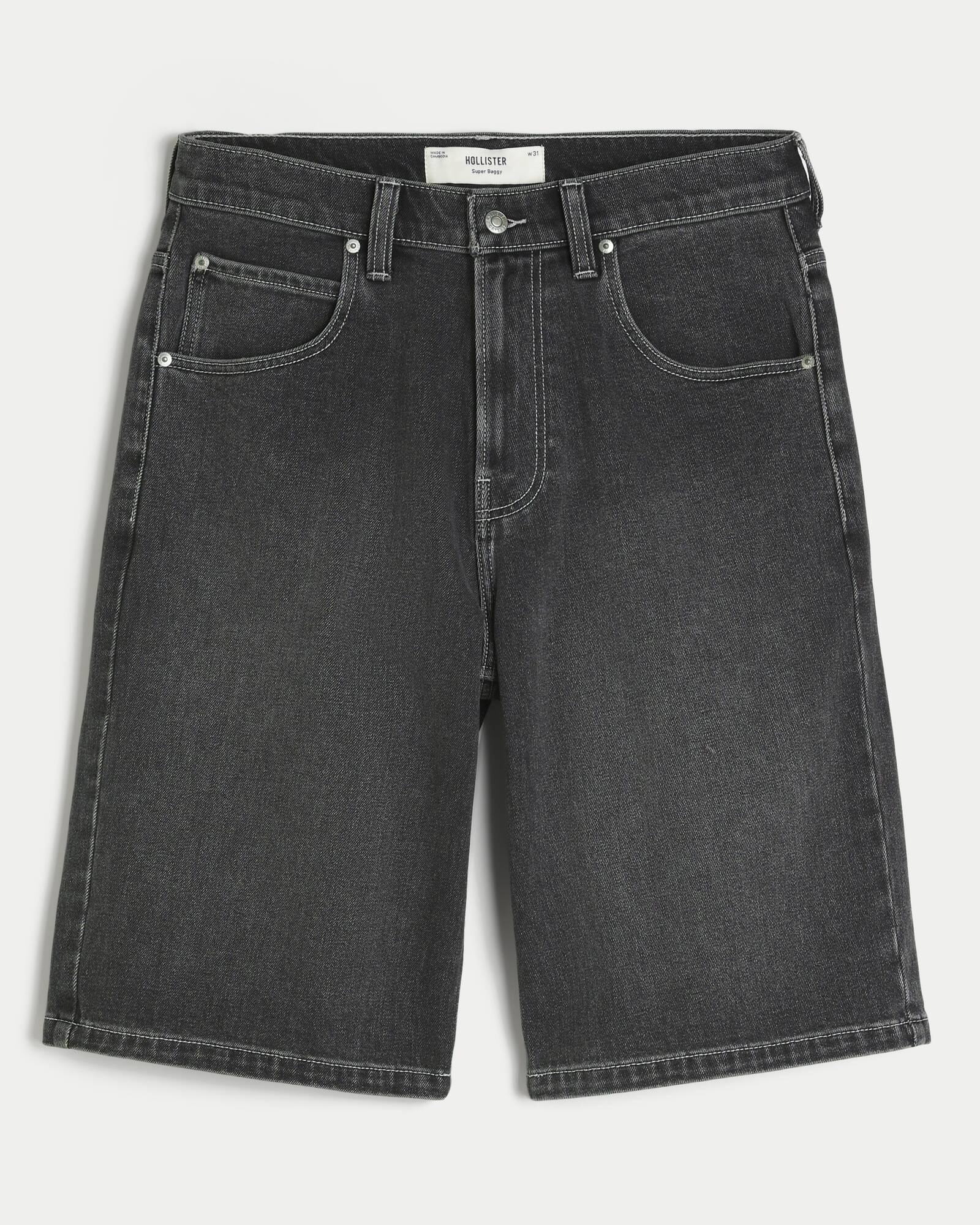 Washed Black Cat Graphic Super Baggy Denim Shorts