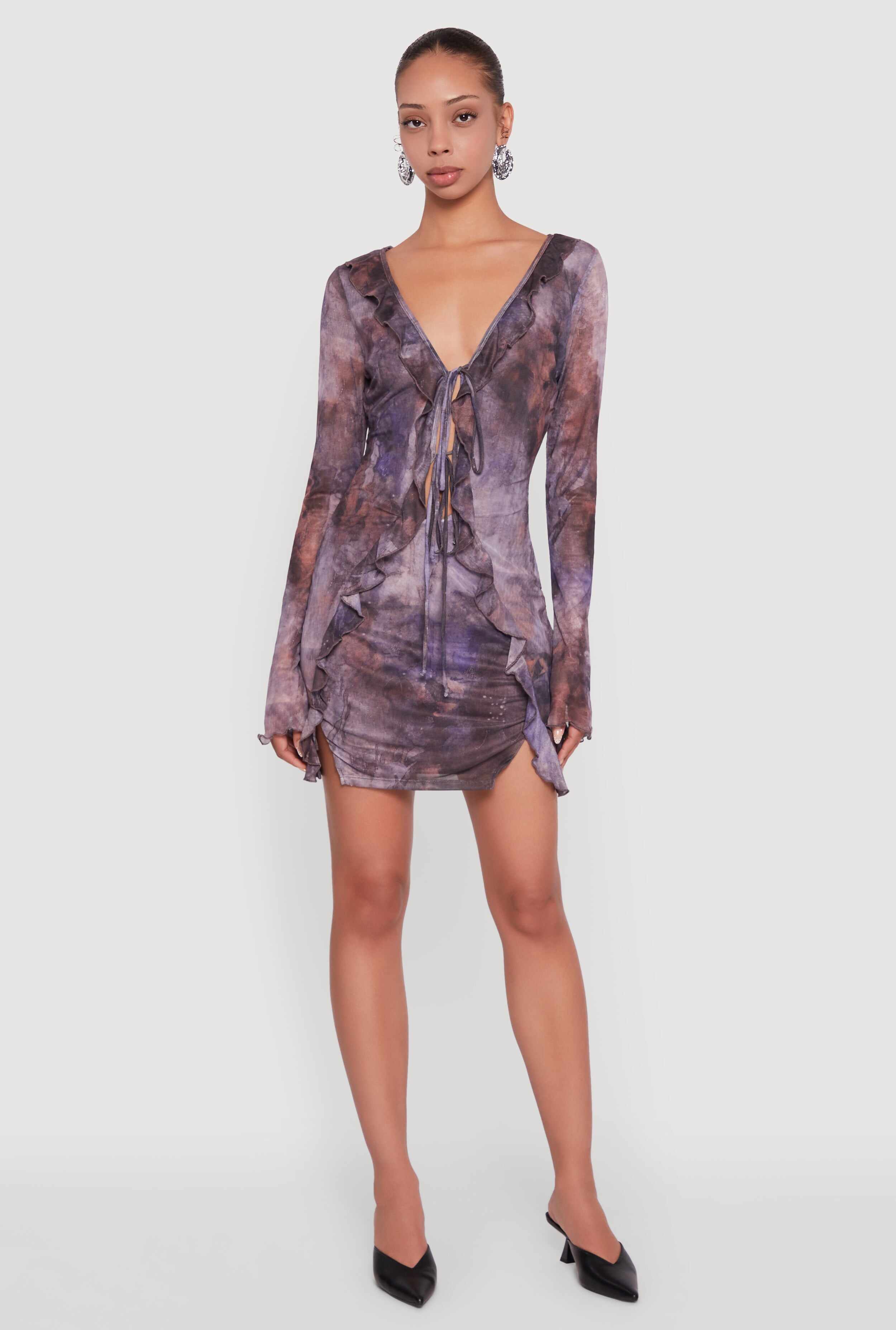 Ruffle Mesh Tie Front Bodycon Dress