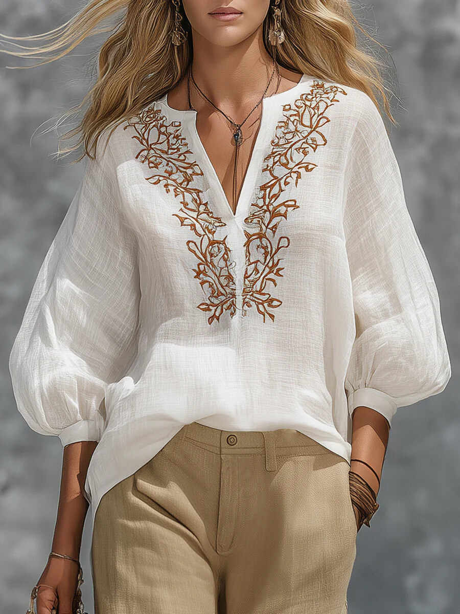 🔥Summer Arrivals🌟Loose-fitting V-neck Linen And Cotton Shirt