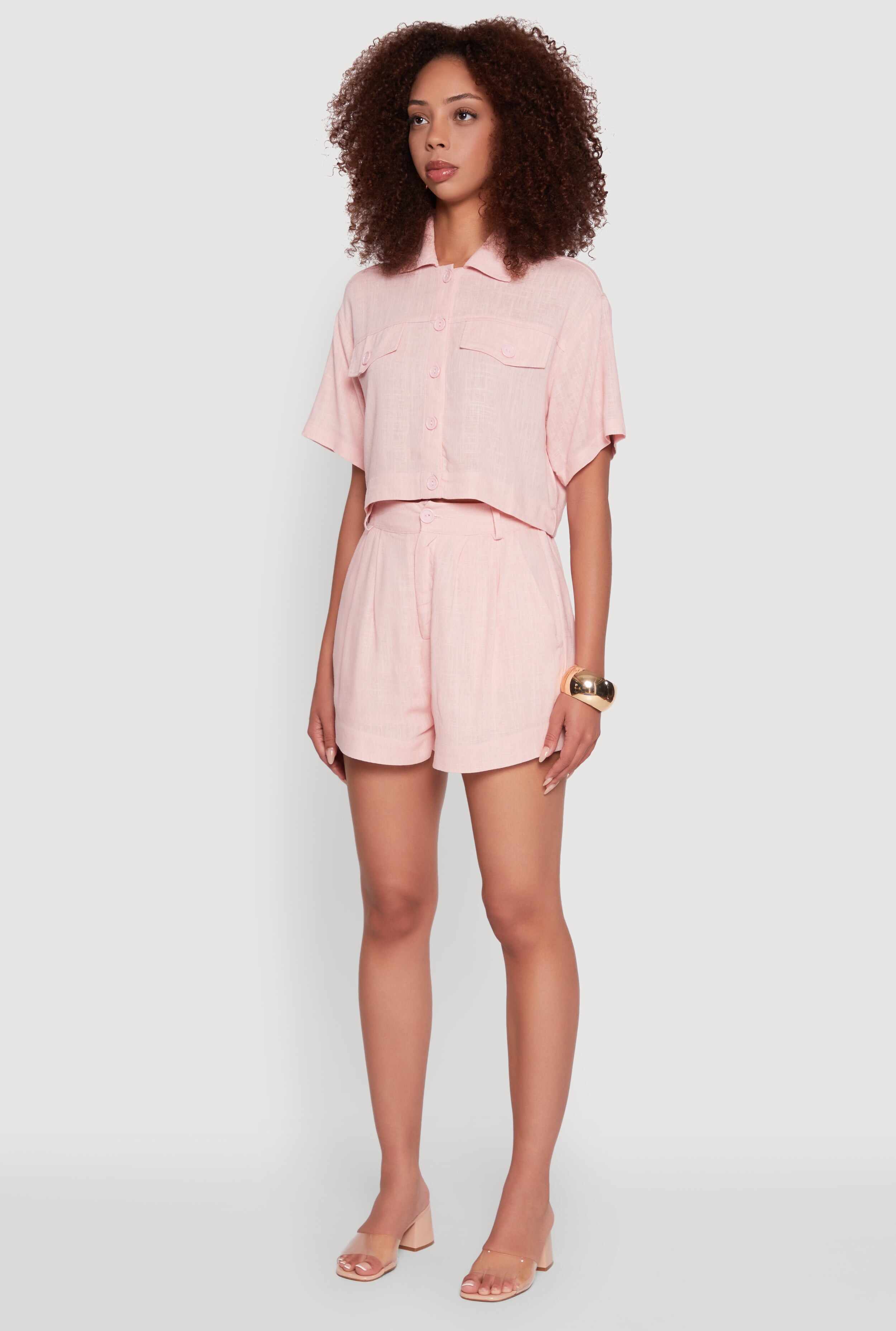 Trendy Linen Flap Detail Button Front Cropped Shirt