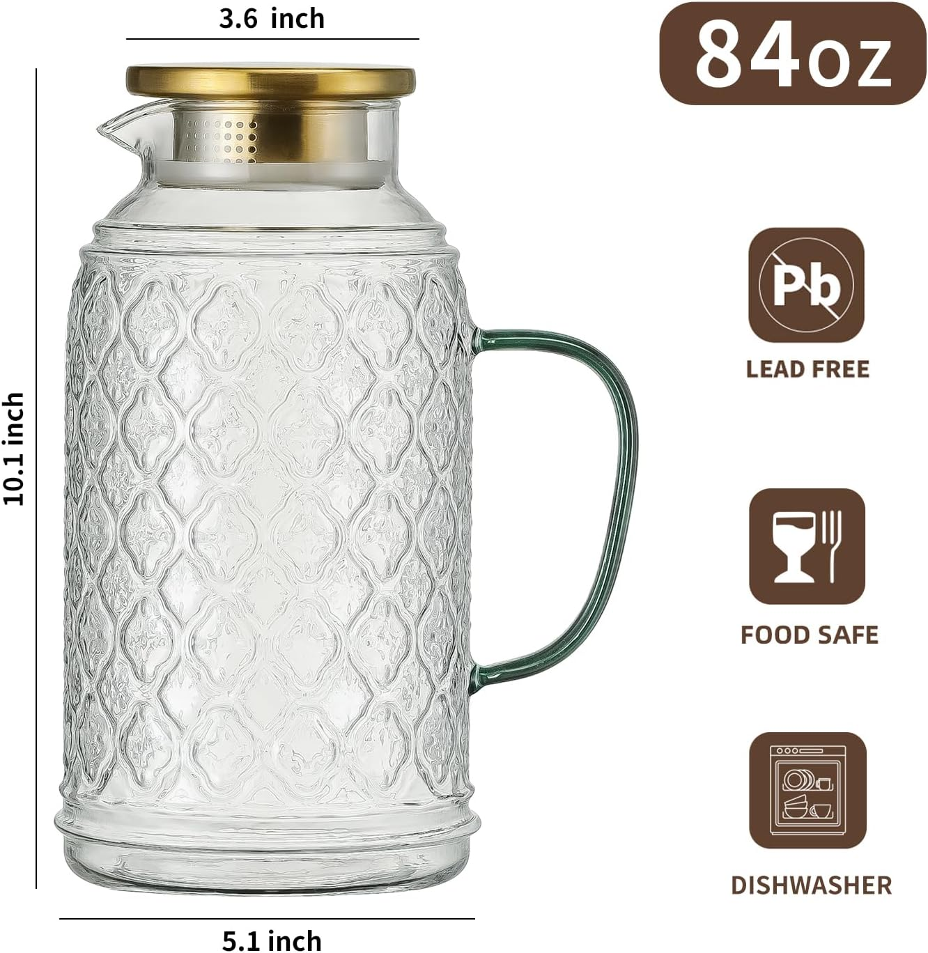 Buaic covered glass pitcher, 2-piece set, 84 ounces / 2.5 liters vintage water jug, transparent borosilicate glass water bottle, suitable for cold brewing, coffee, lemonade, iced tea, beverages, heat-resistant