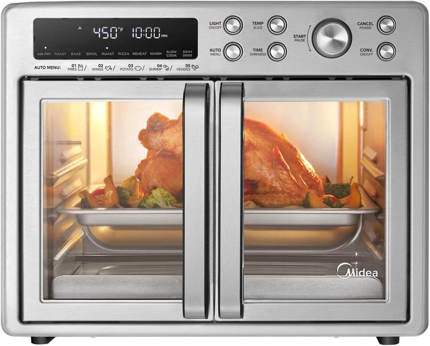 Midea Flexify French Door Toaster Oven Air Fryer Combo, 26.4 QT, Extra Large Air Fryer Countertop Oven 10-in-1 Combo, 25% Faster Cooking and 90% Less Oil, Stainless Steel