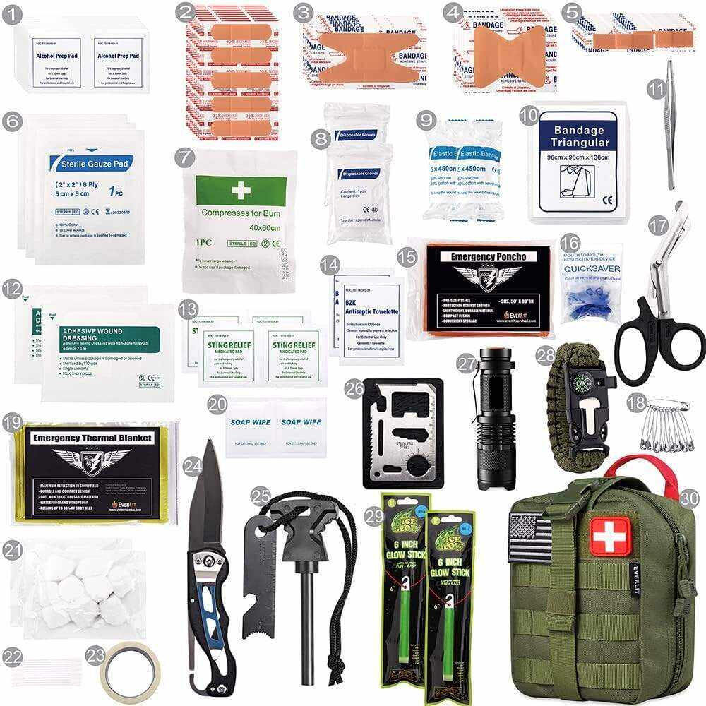 EVERLIT 250 Pieces Survival First Aid Kit IFAK EMT Molle Pouch Survival Kit Outdoor Gear Emergency Kits Trauma Bag for Camping Boat Hunting Hiking Home Car Earthquake and Adventures
