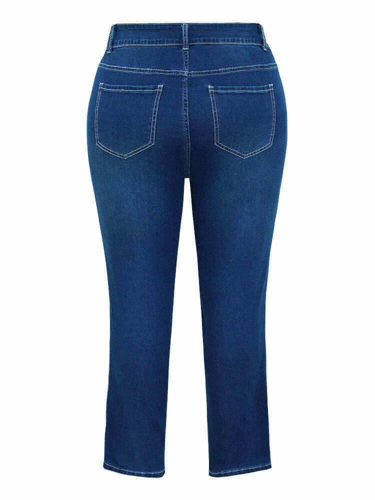 Very Stretchy High Rise Dark Wash Distressed Cropped Jeans