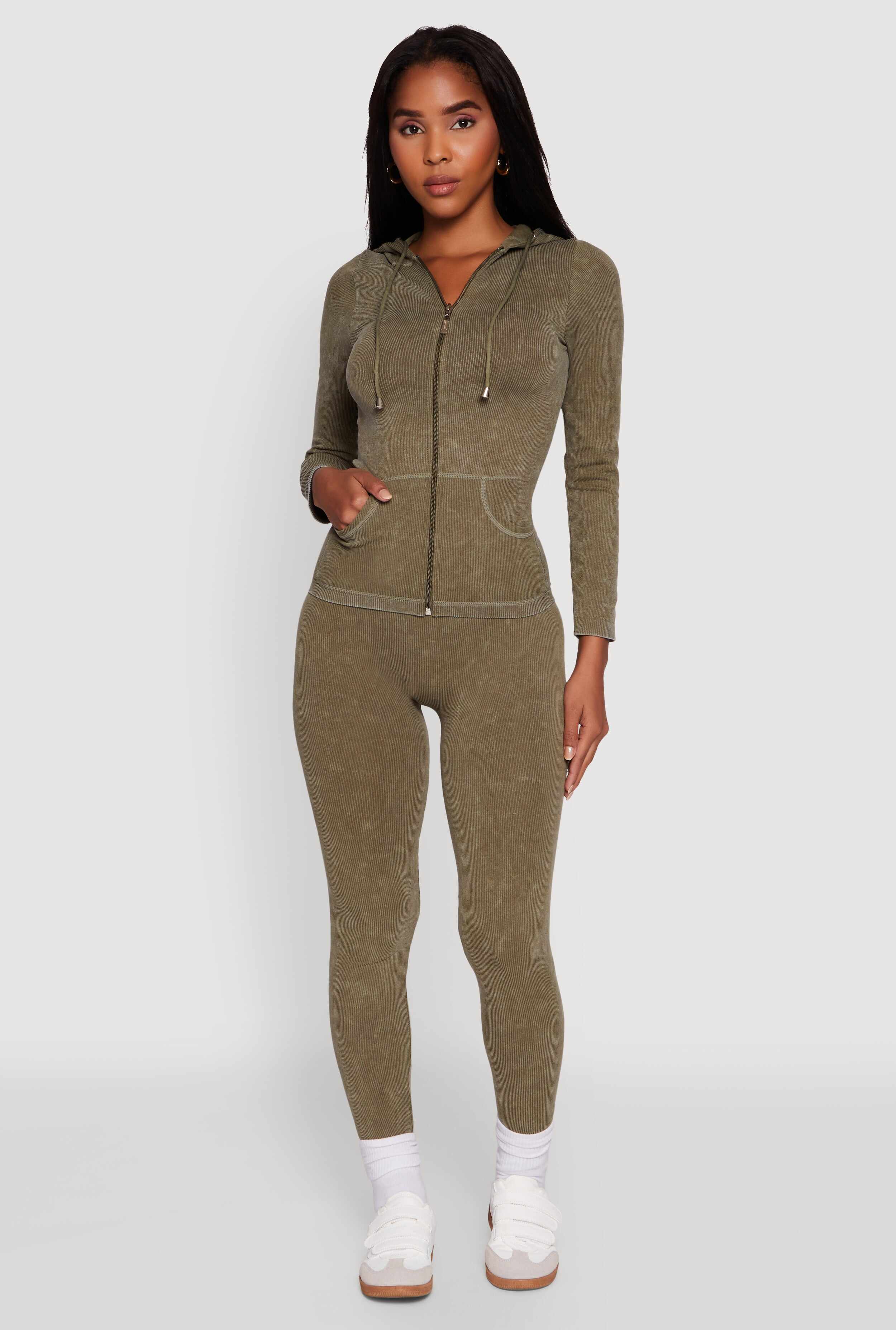 Seamless Acid Wash Zip Front Hooded Sweatshirt