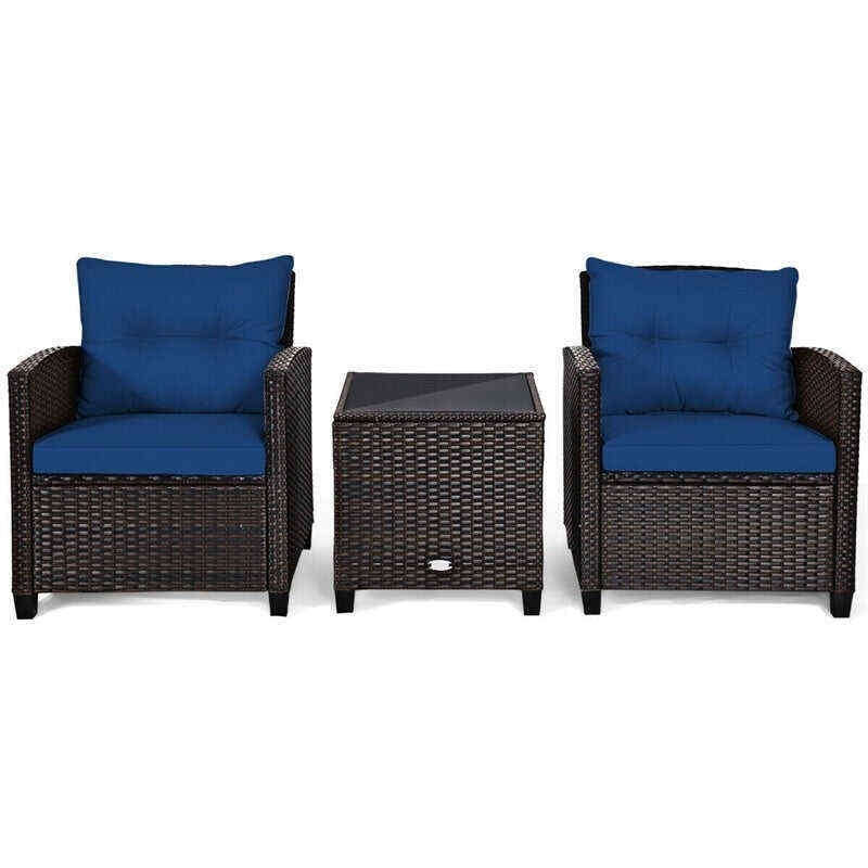 3 Pieces Patio Rattan Furniture Set Outdoor Wicker Conversation Set with Washable Cushion and Coffee Table