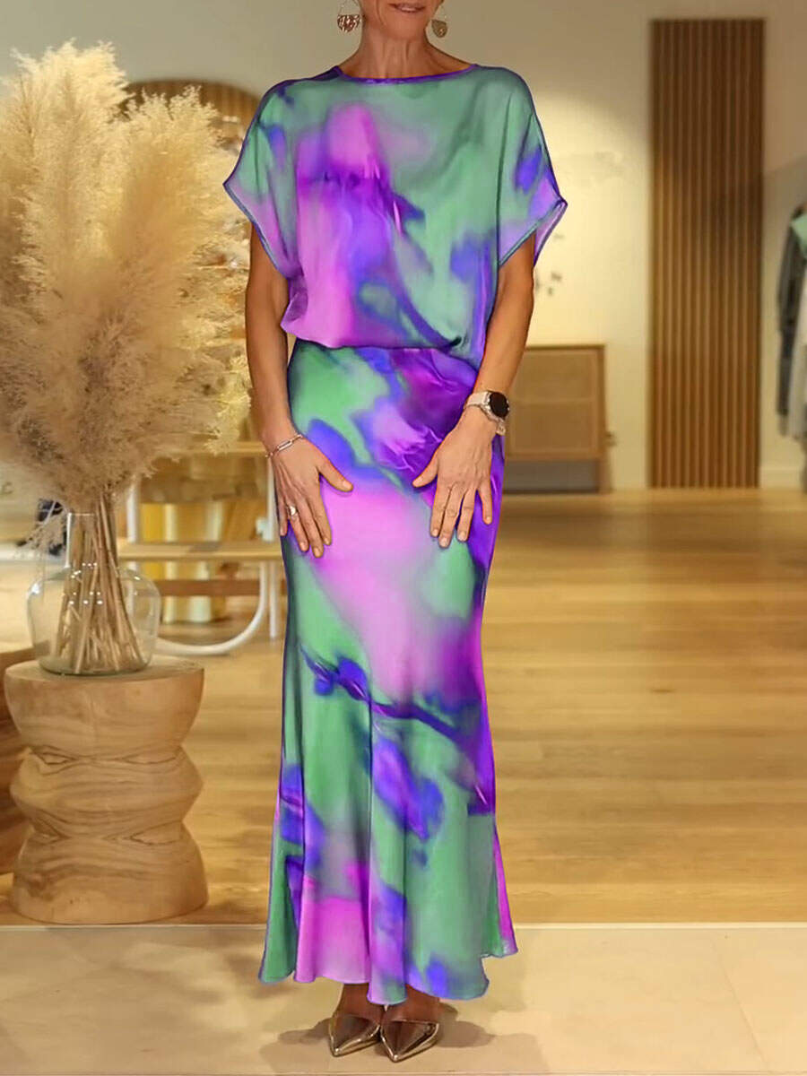 🔥Summer Arrivals🌟Women's Colorful Tie-patter Pattern Round Neck Short Sleeve Casual Loose Top And High Waist Slim Fit Satin Set