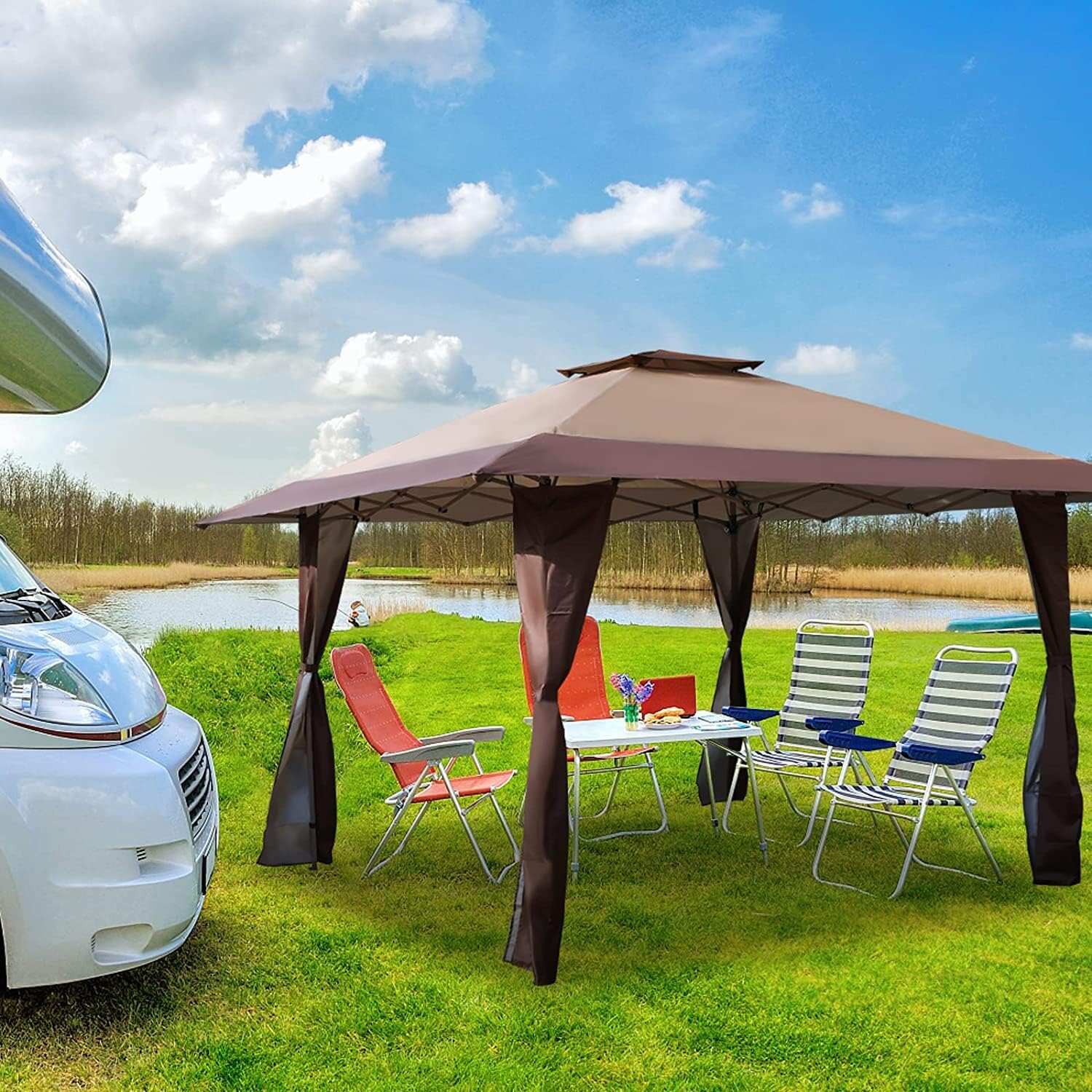 PHI VILLA Outdoor Pop up Canopy 10'x10' Tent Camping Sun Shelter-Series Party Tent, 100 Sq. Ft of Shade (Blue)
