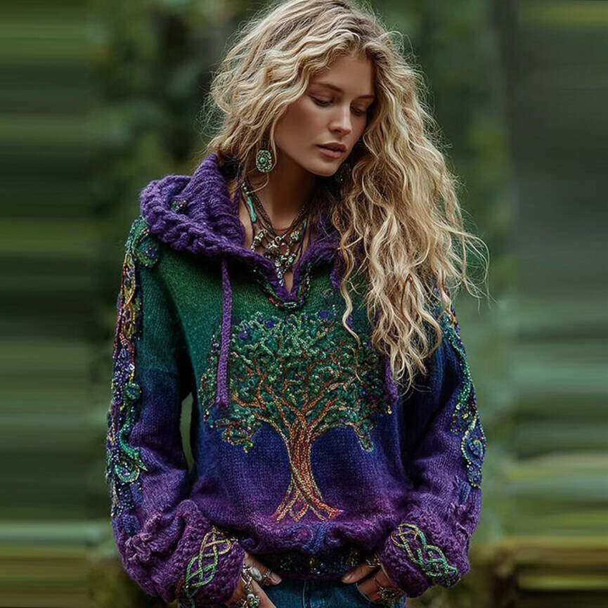 Women's Viking Life Of Tree Gradient Art Knitted Warm Hooded Sweater