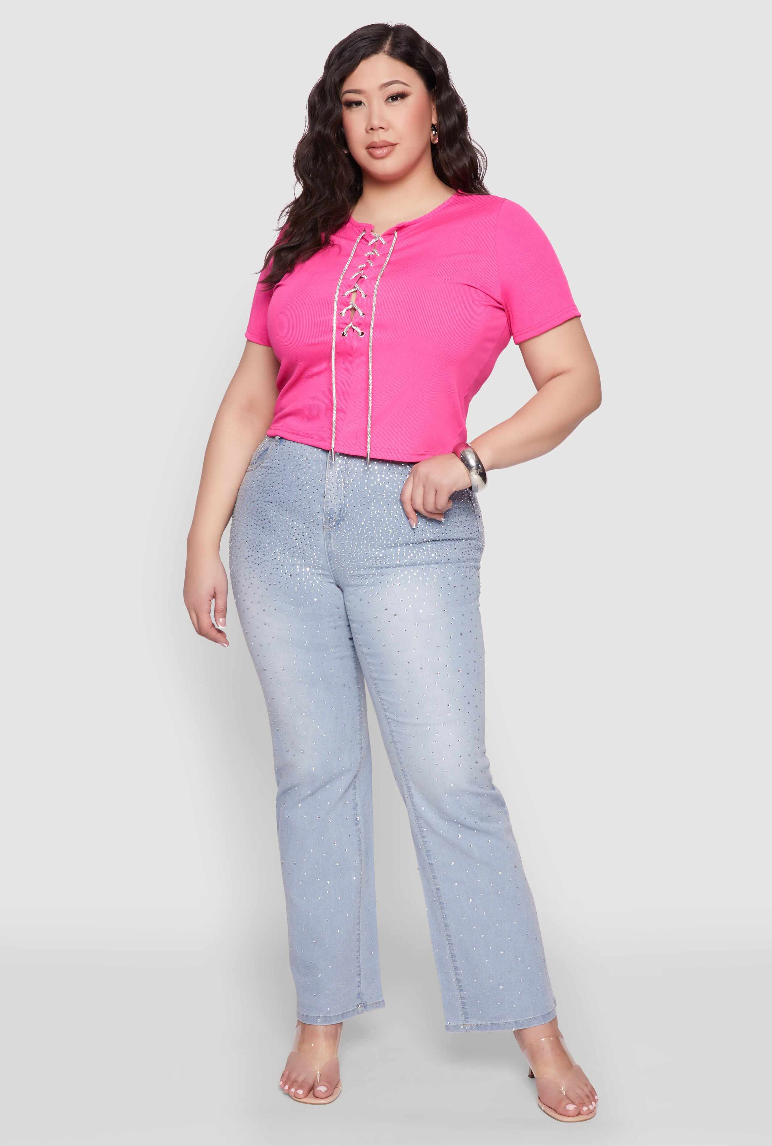 Plus Size Rhinestone Lace Up Short Sleeve Top