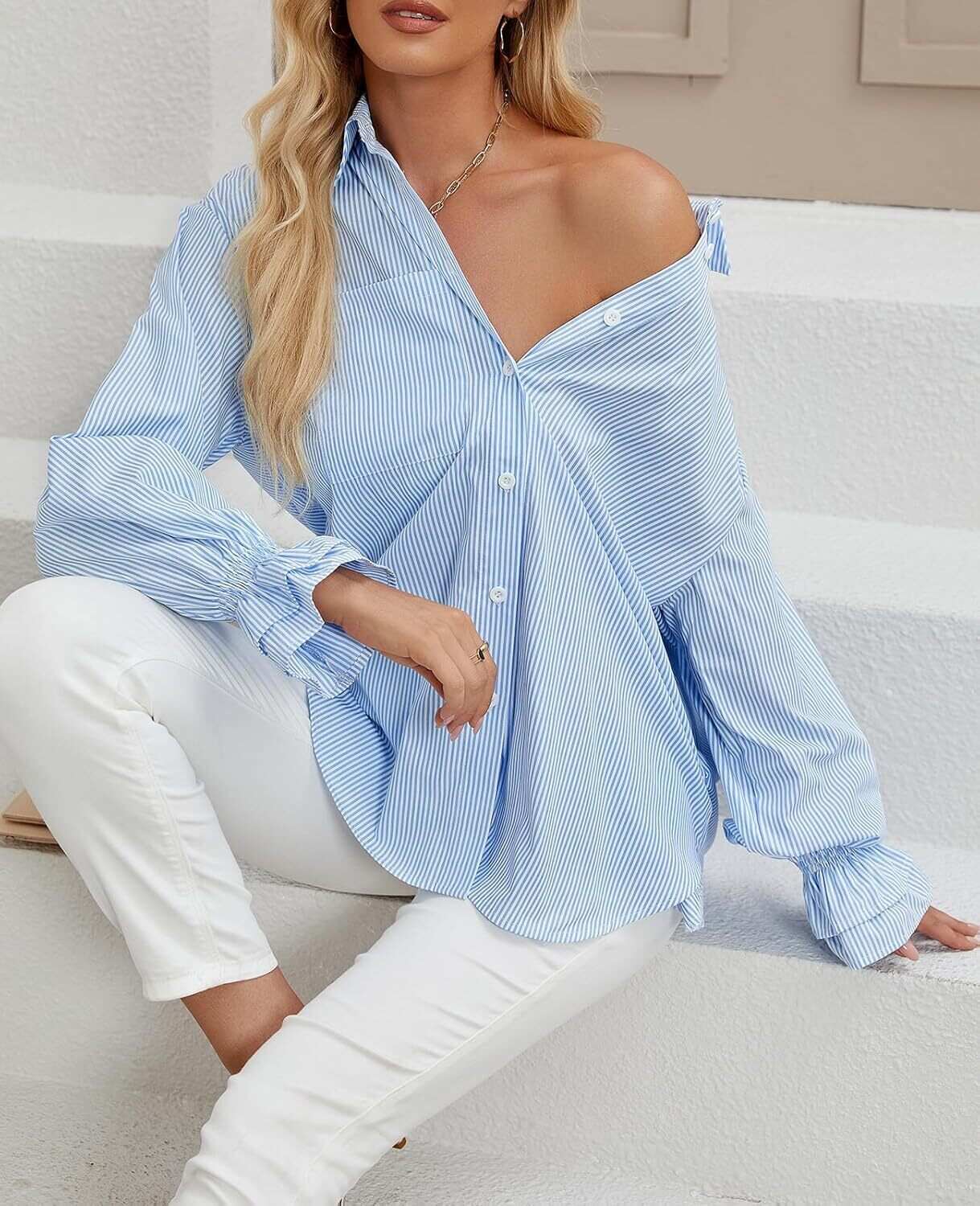 Women's Striped Button Down Shirts Smocked Cuffed Boyfriend Shirt Long Sleeve Blouse Top with 3 Pockets
