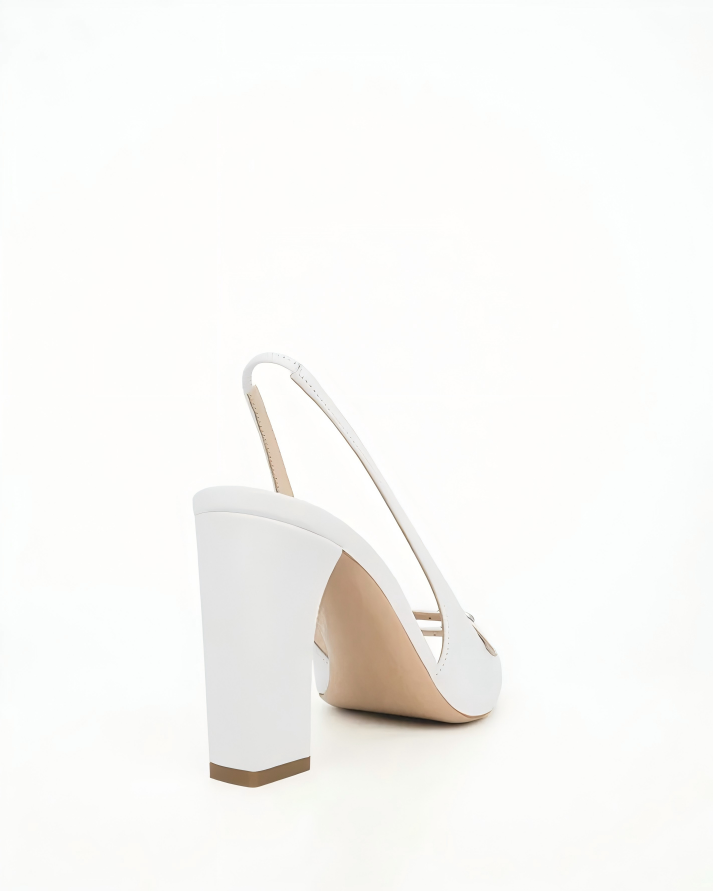 White Leather Slingback Block Heels