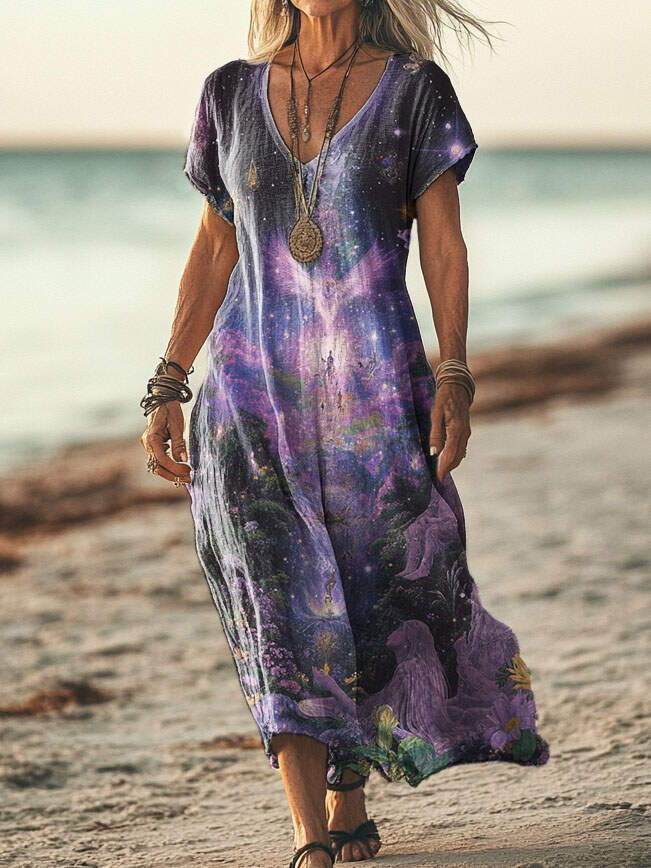 Women's Dreamy Floral Angel Pattern Art Print Short Sleeve Pocket Cotton Linen Dresses