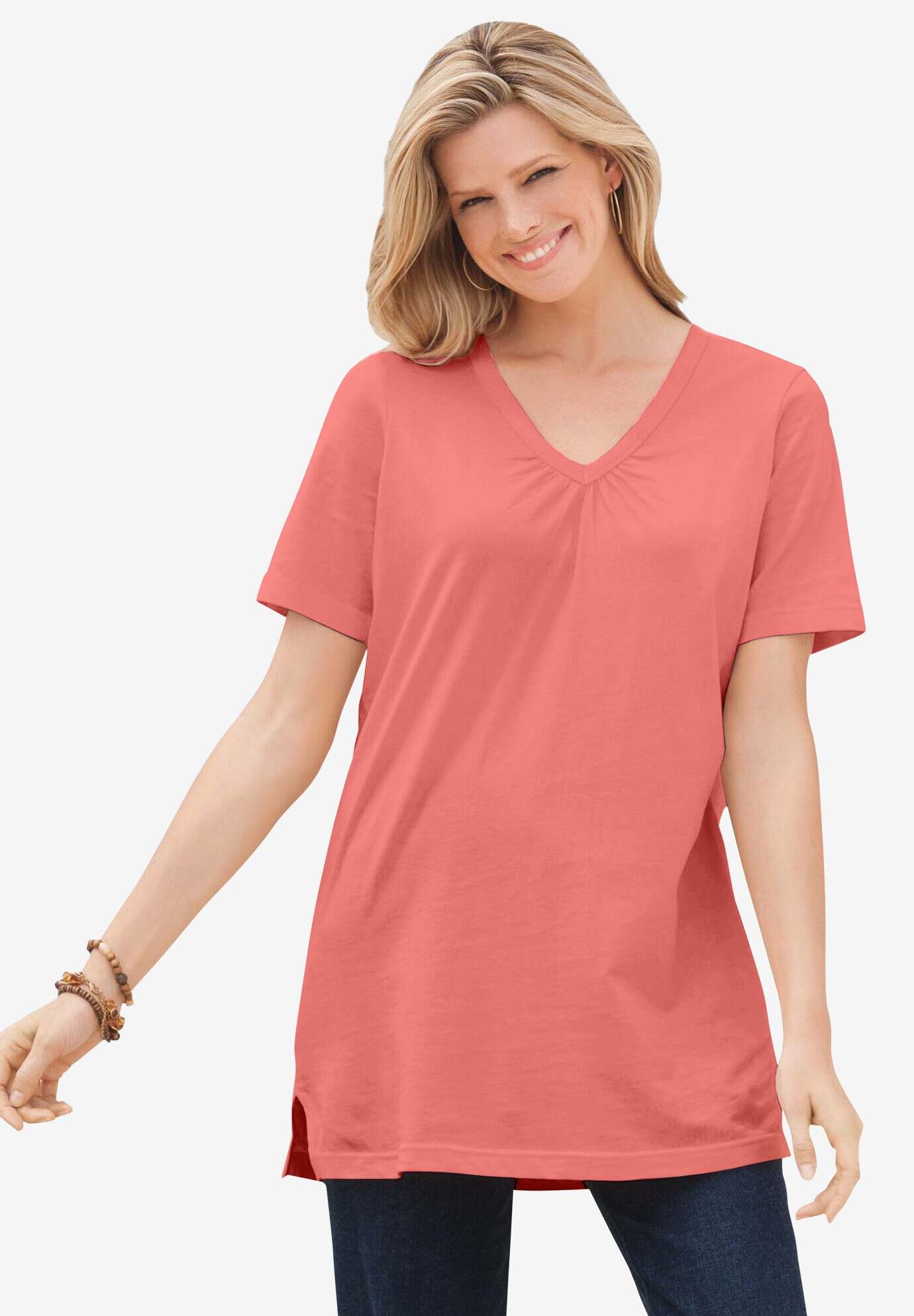 Perfect Short-Sleeve Shirred V-Neck Tunic