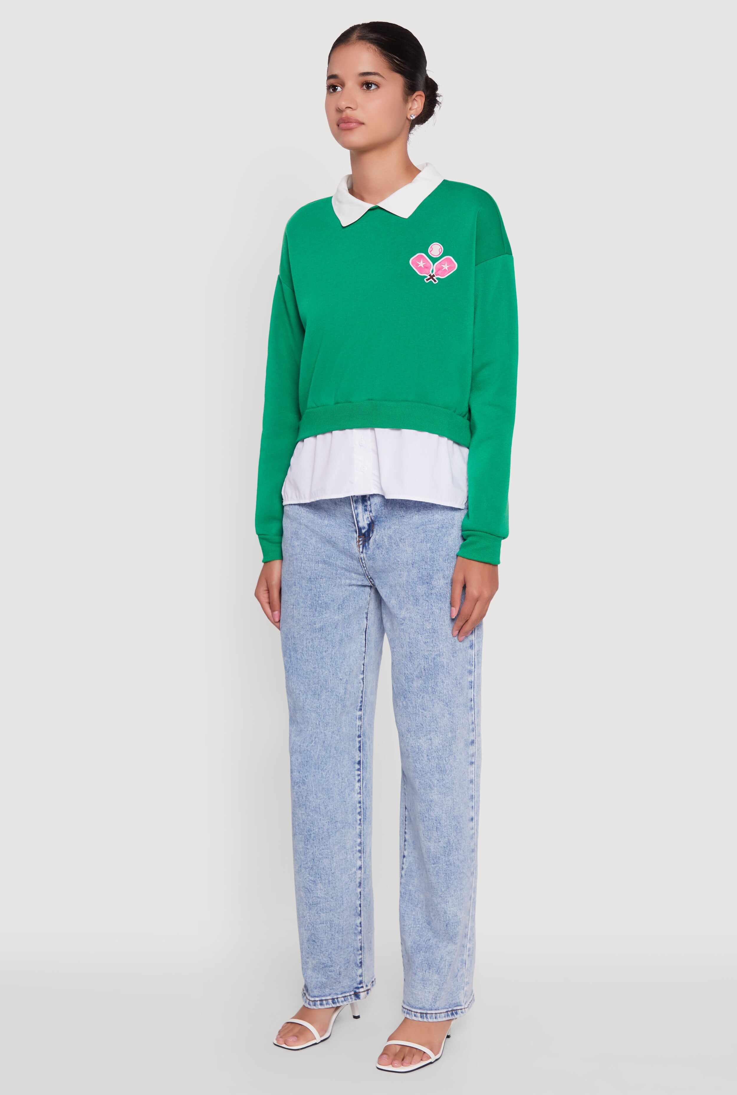 Shirt Collar Layered Look Patch Graphic Sweatshirt
