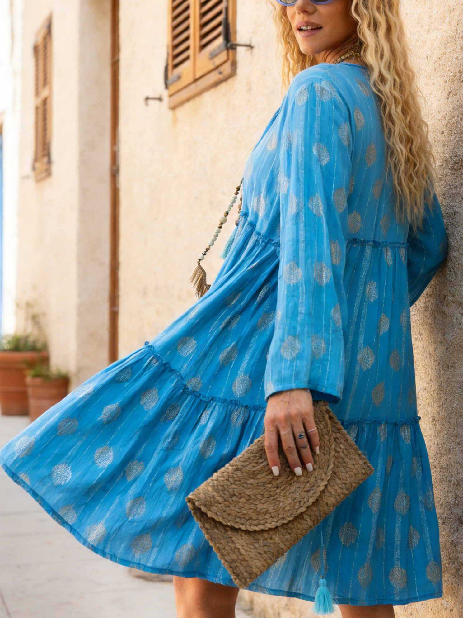 🔥Summer Arrivals🌟Retro Gold Foil Leaf Print Multi-layered Flowy Midi Dress