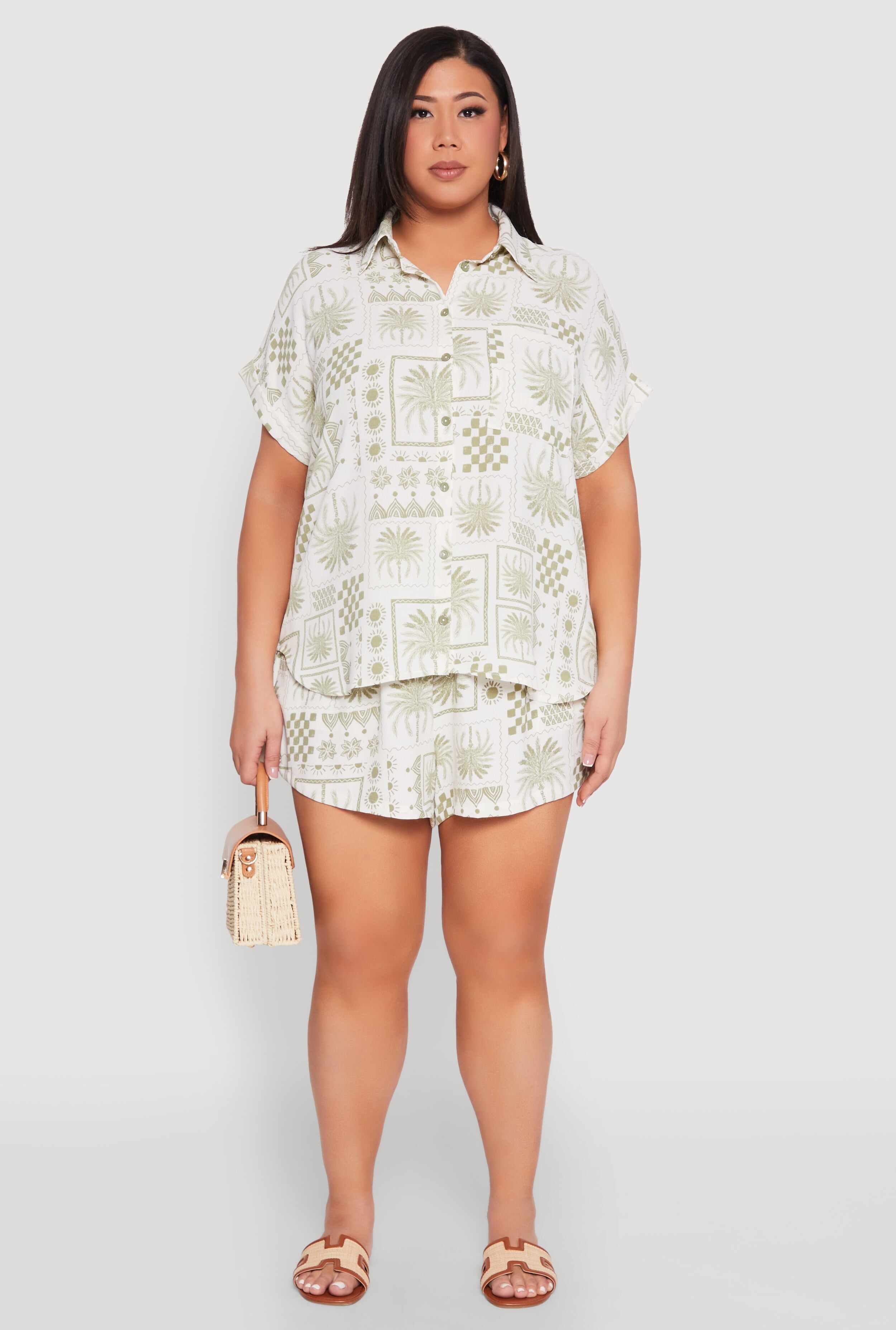 Plus Size Checkered Palm Print Shirt