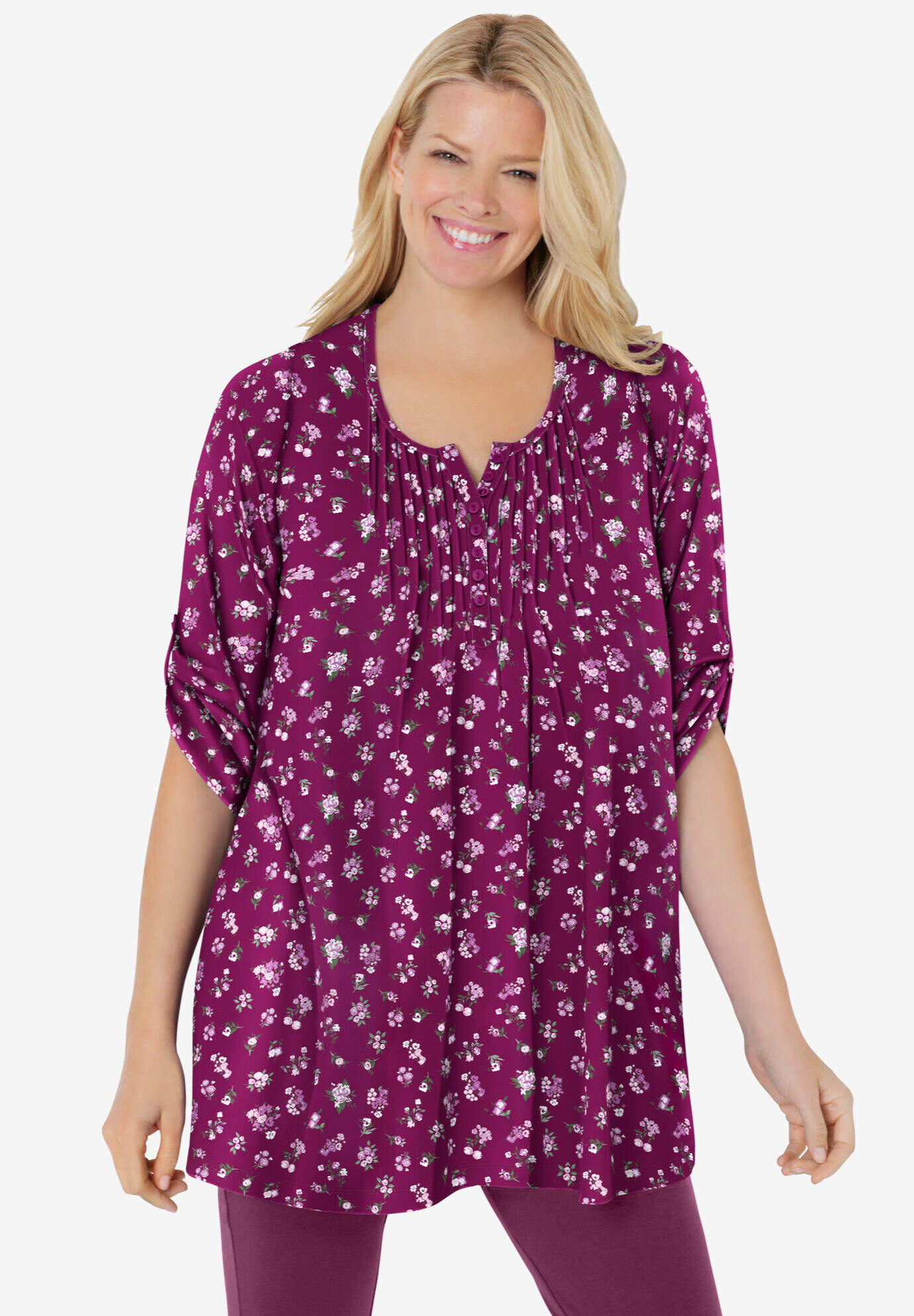 7-Day Three-Quarter Sleeve Pintucked Henley Tunic