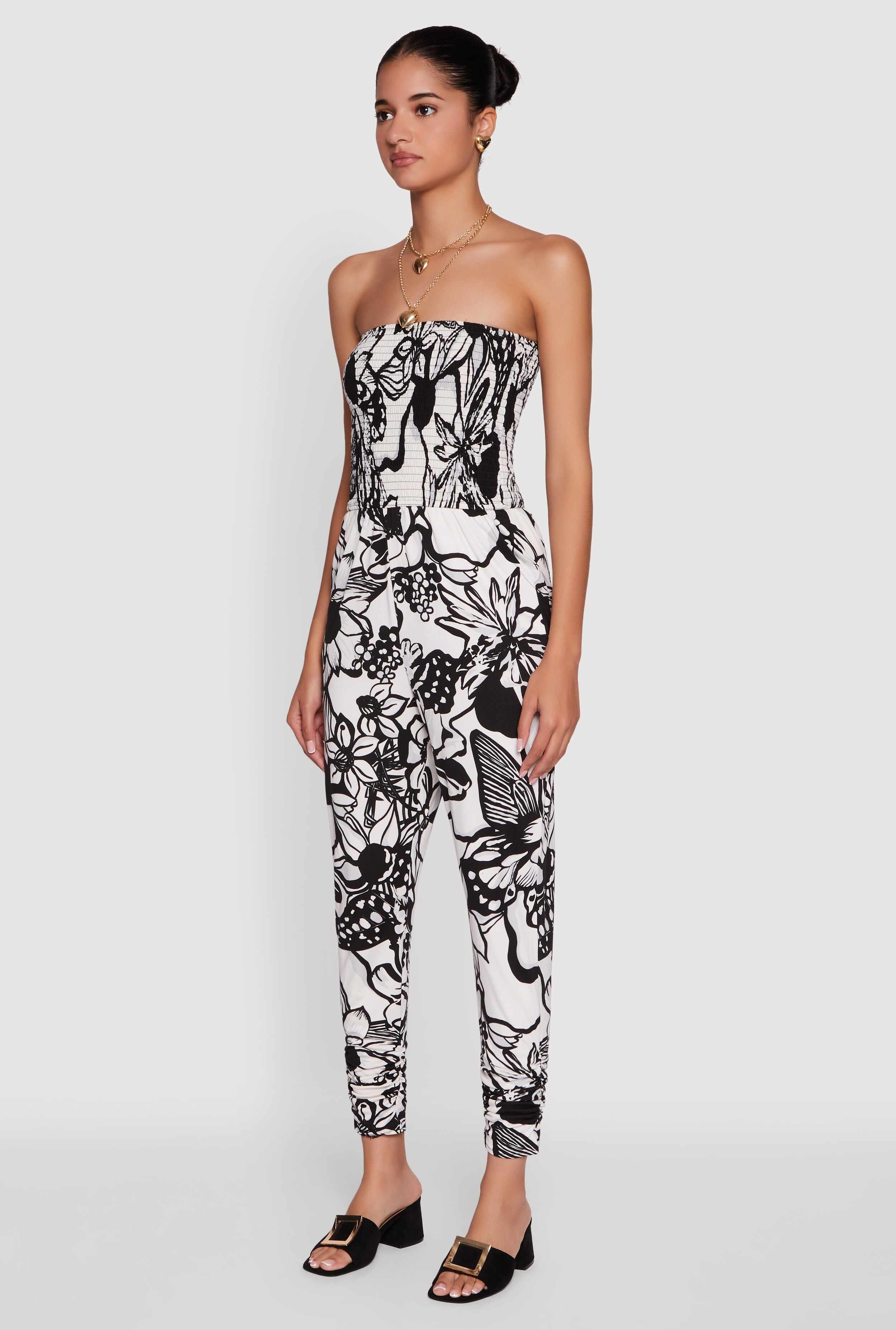 Floral Print Smocked Tube Jumpsuit