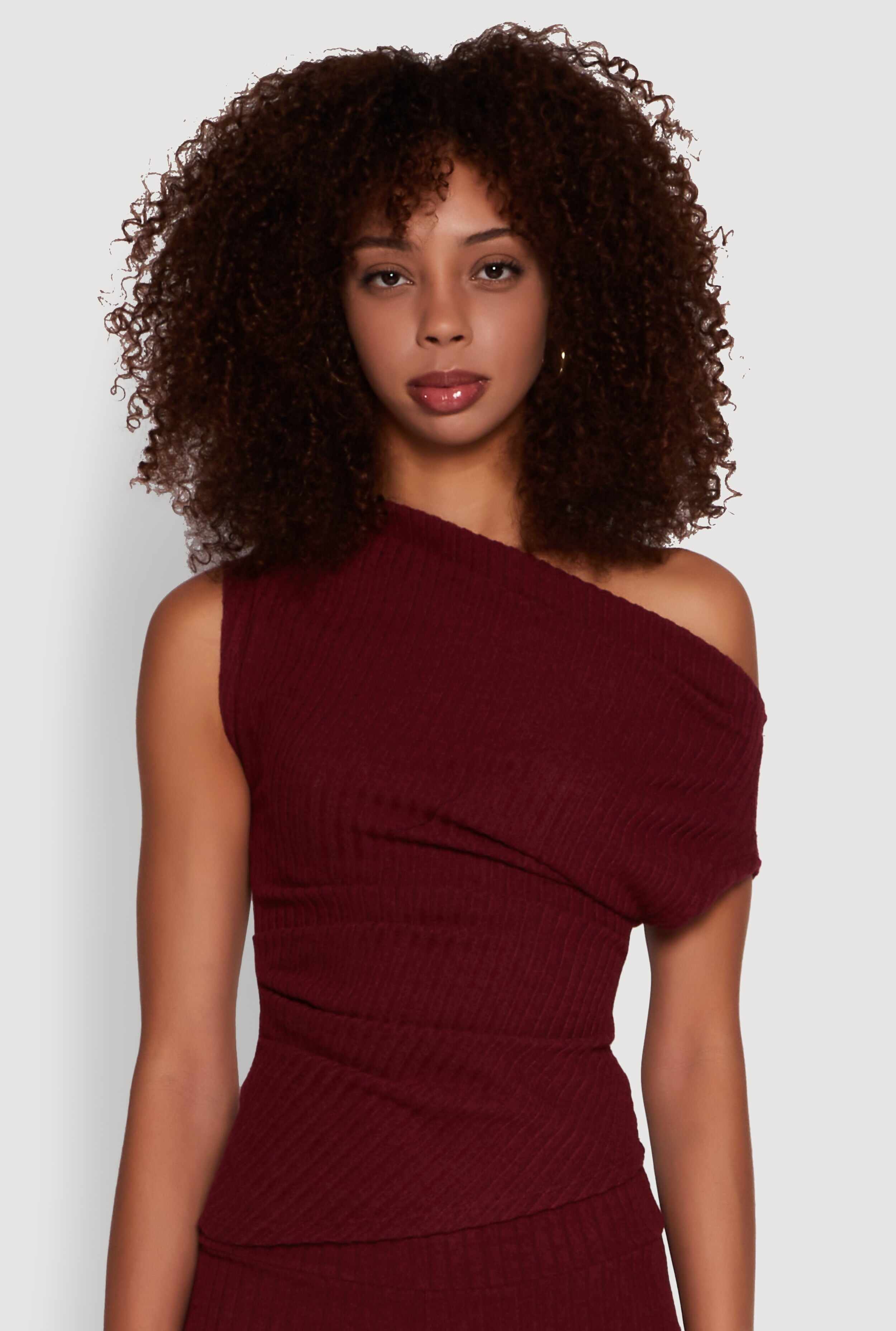 Ribbed Knit Solid One Shoulder Blouse