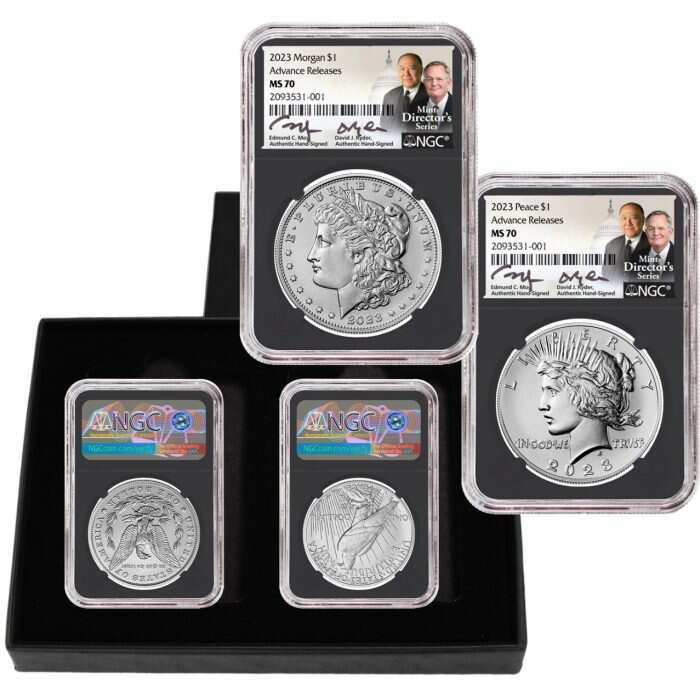 2023 Morgan & Peace Silver Dollars NGC MS70 Advance Release w/Moy & Ryder Signature