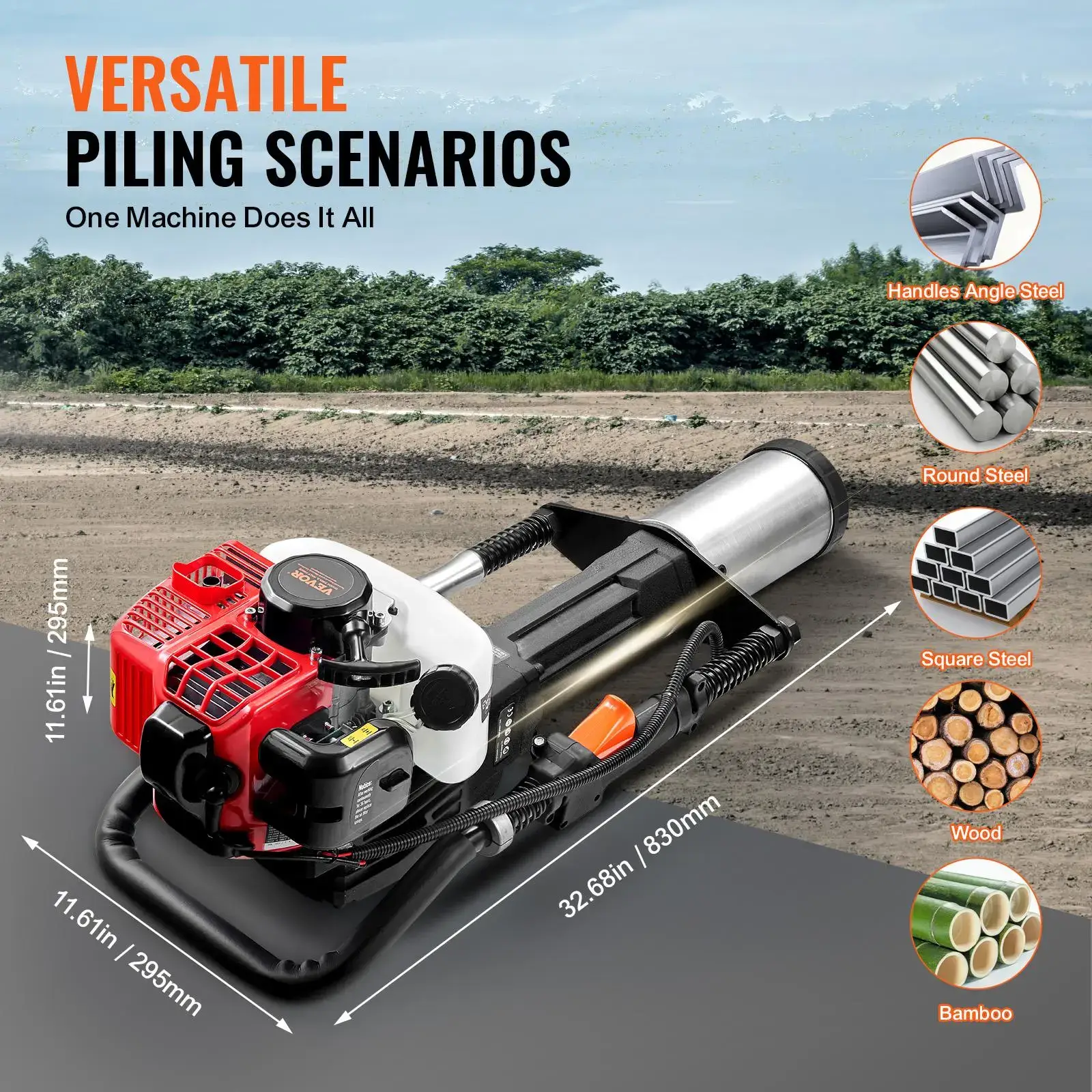 52cc Gas-Powered T Post Driver,2-Stroke Engine Gasoline Fence Piling Pounder, 1300W Portable Piledriver with 3 Post Driving Head(49/69/100 mm) , For Farm, Ranch Fencing, Road Improvements