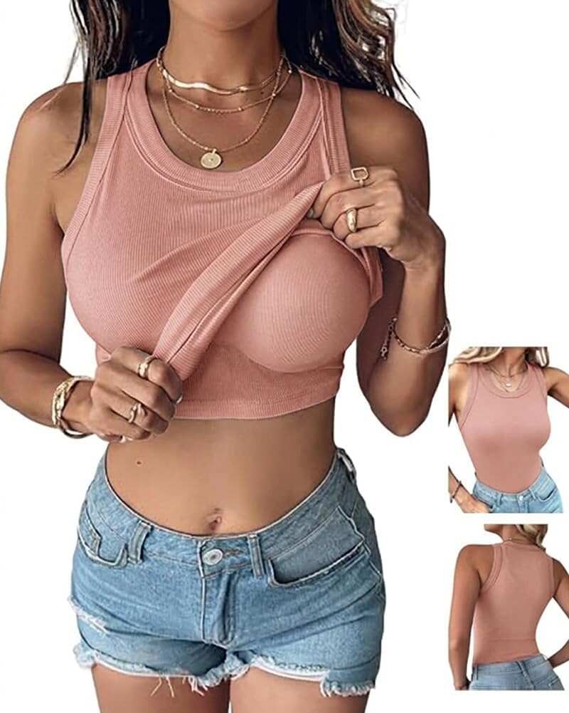 CHICME Women Built-in Bra Tank Tops Sleeveless Casual Shirts Racerback Ribbed Fitted Tank Tops