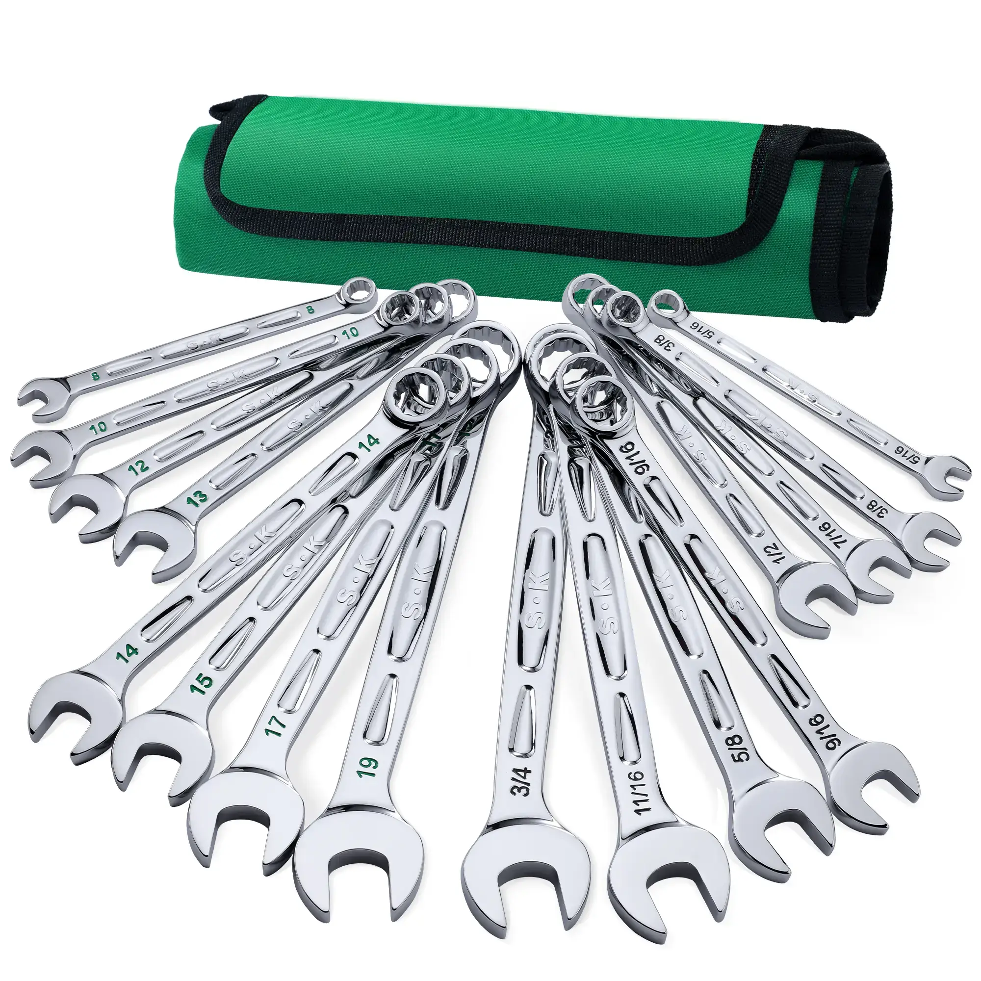 SK Combination Wrench Set, SAE & Metric, Finish, Premium CR-V Construction, with Rolling Pouch
